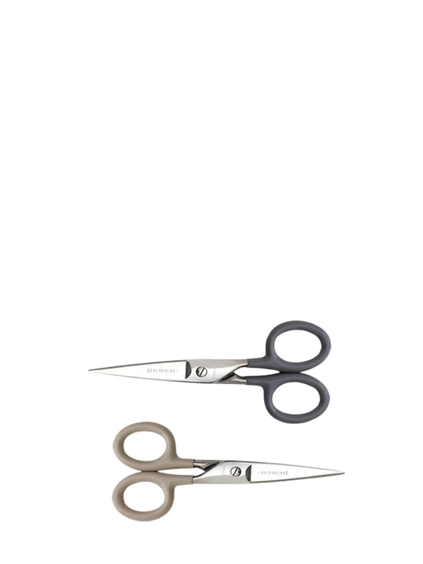 Two pairs of scissors, one with black handles and the other with beige handles, on a white background.