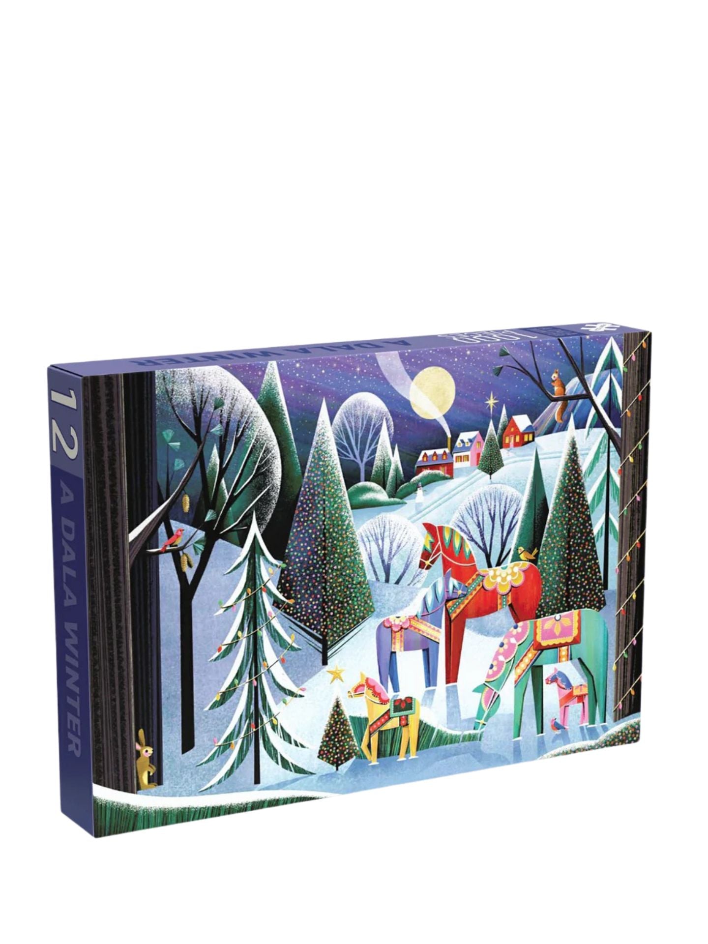 Advent calendar with a winter scene featuring two people on a sleigh.