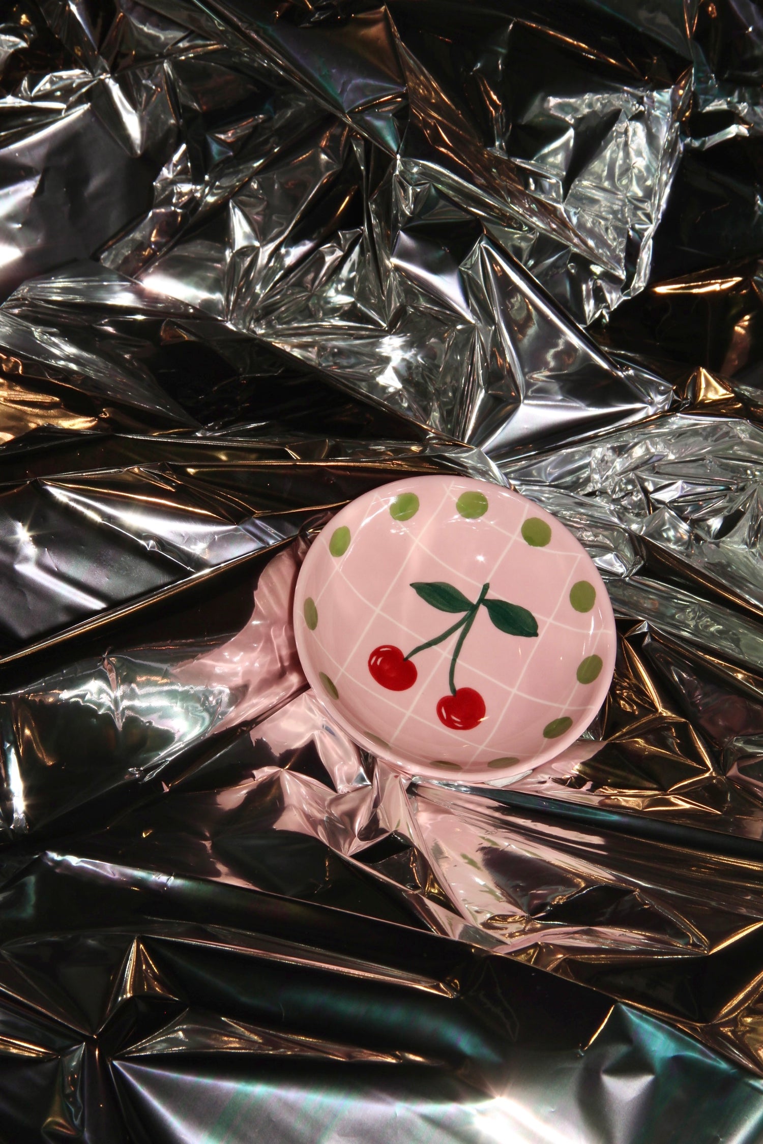 Cherries bowl, pink with green dots