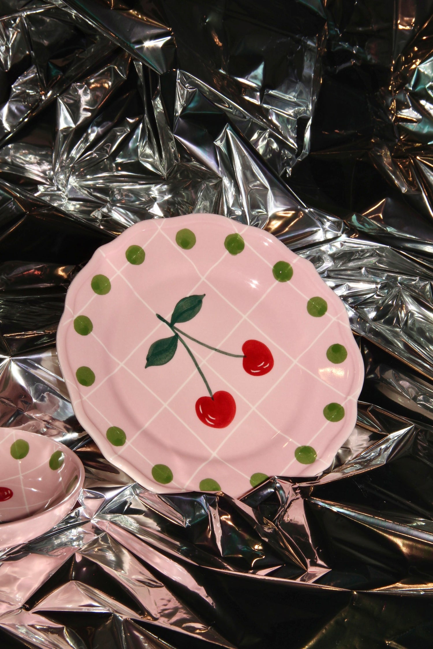 Cherries salad plate, pink with green dots