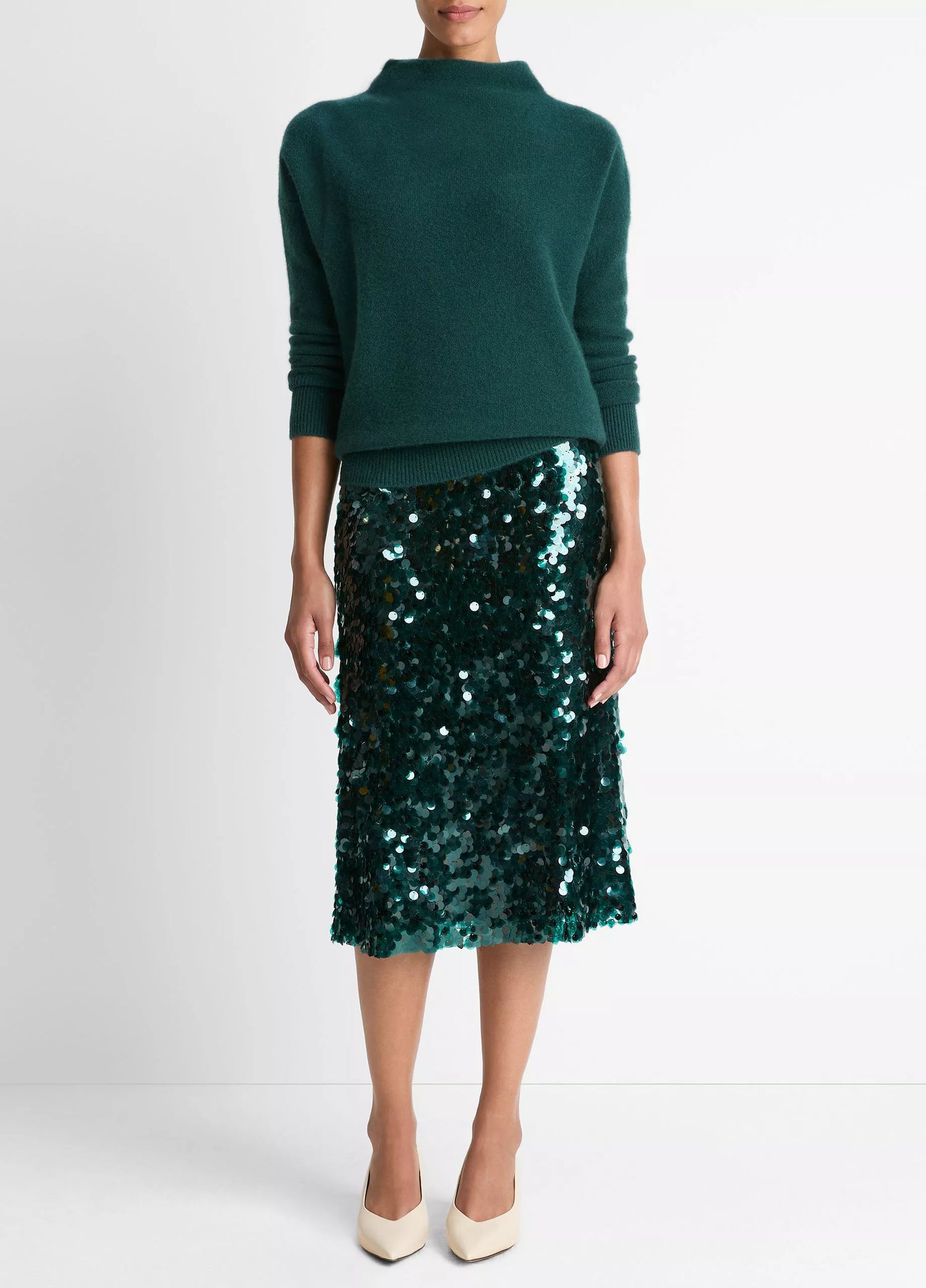 Boiled cashmere funnel neck pullover, juniper green