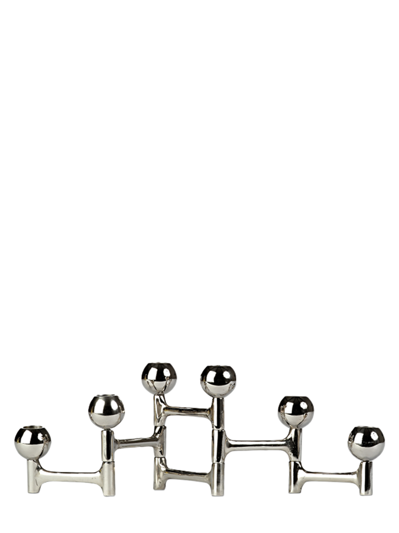 A silver folding round candle holder with multiple candle sockets, made of nickel plated aluminium.
