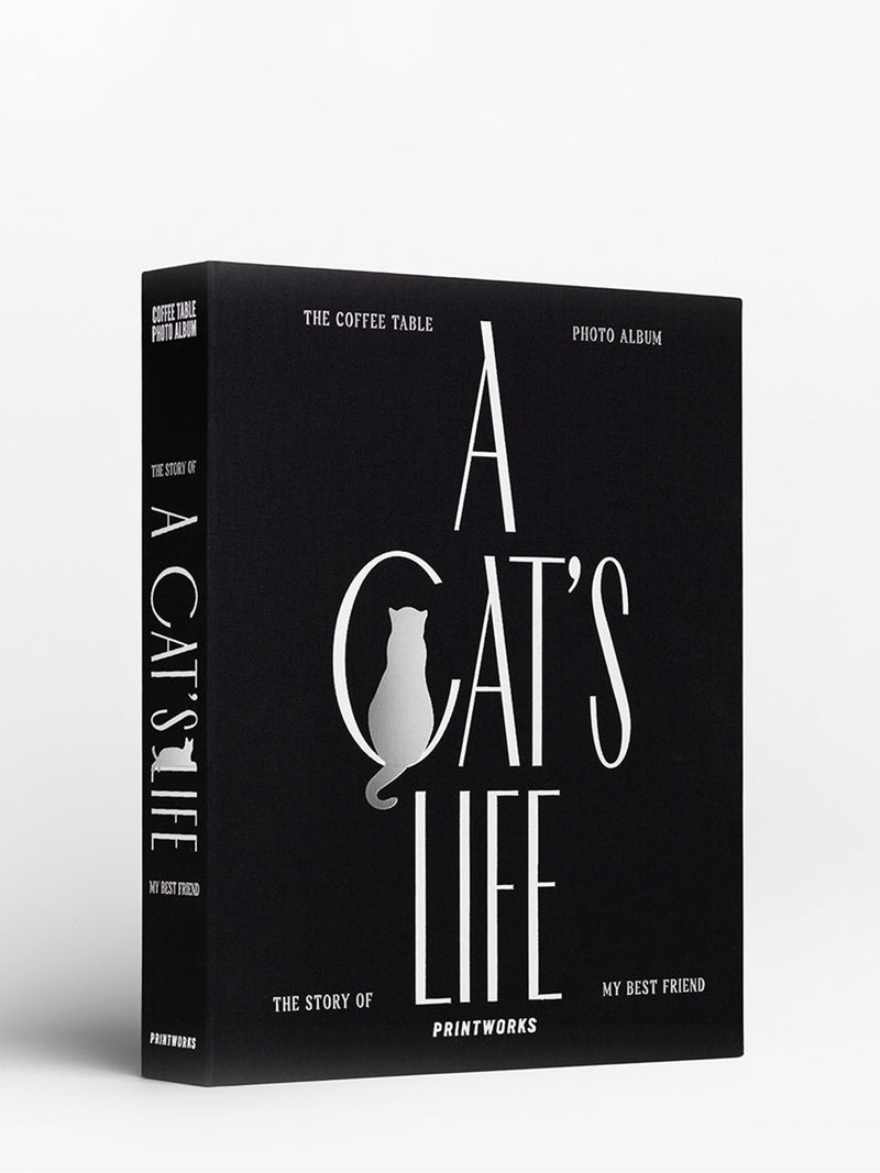 Photo album titled 'A Cat's Life' with a cat silhouette on a black background