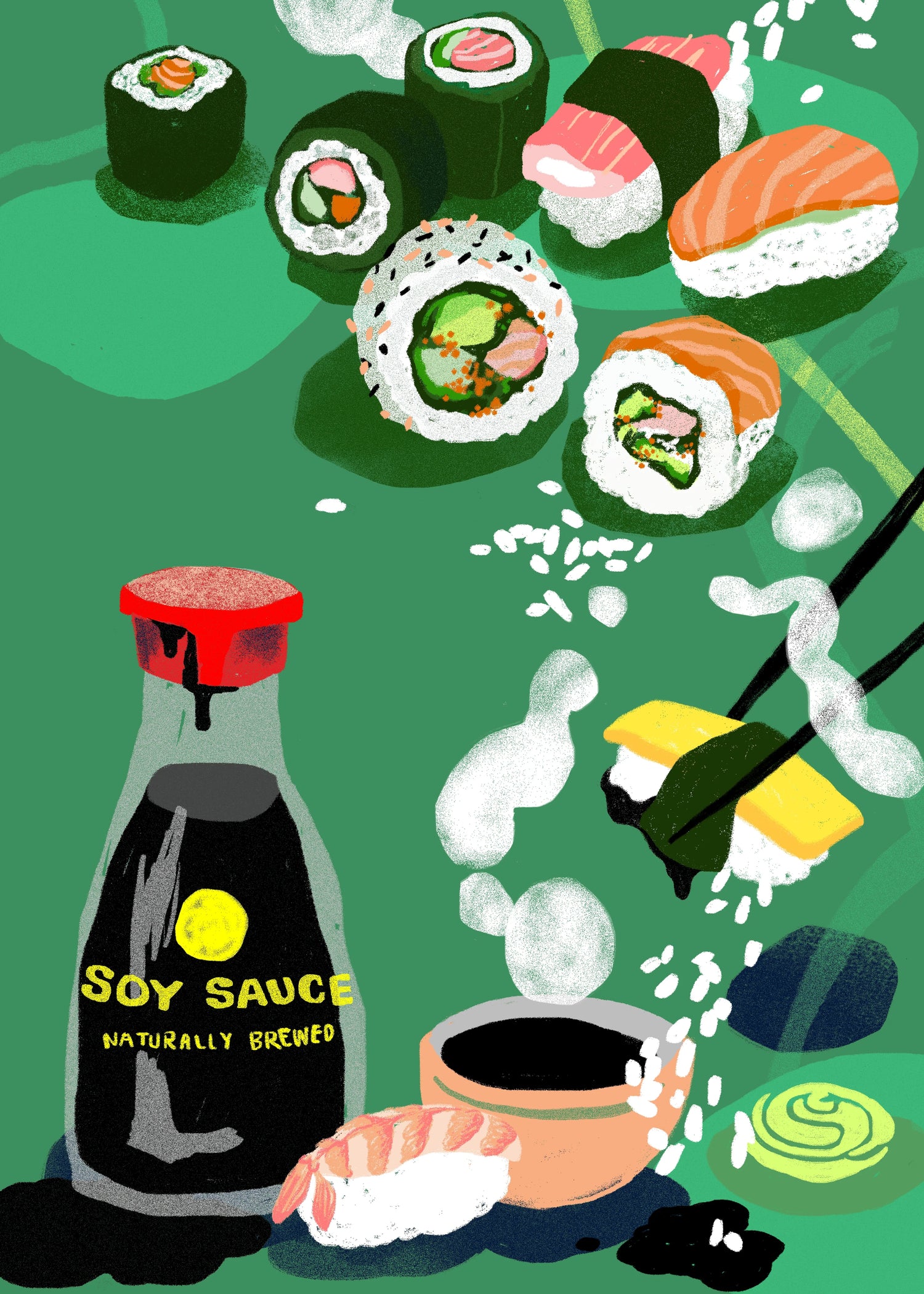Illustration of sushi and soy sauce on a green background