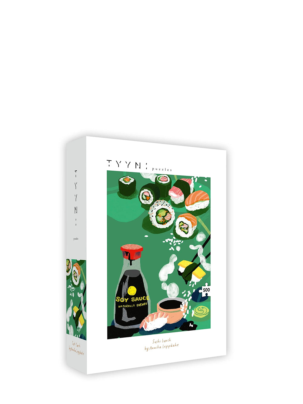 Packaging for puzzle featuring soy sauce with sushi illustrations 