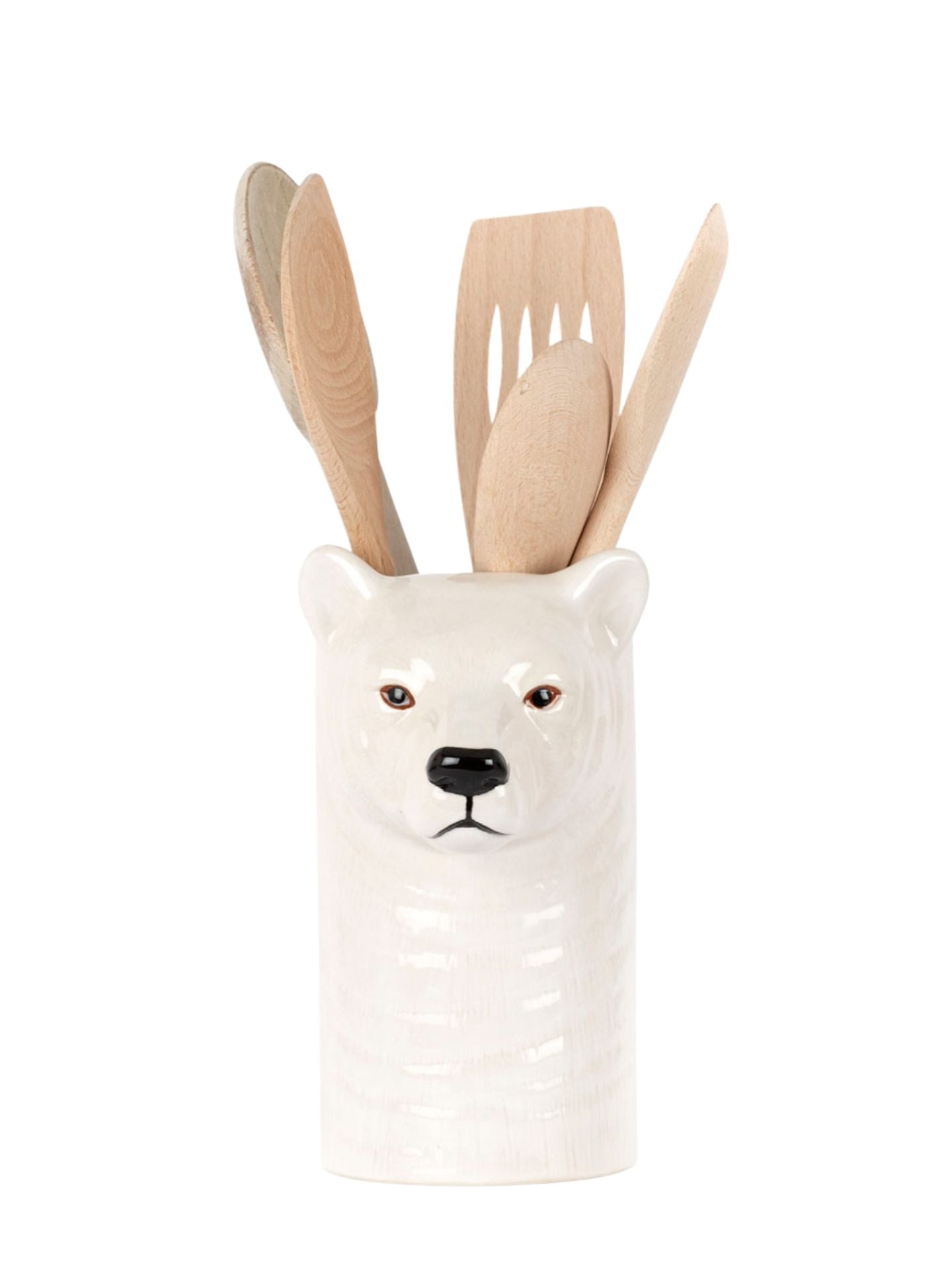 Polar bear-shaped utensil holder with wooden utensils on a white background
