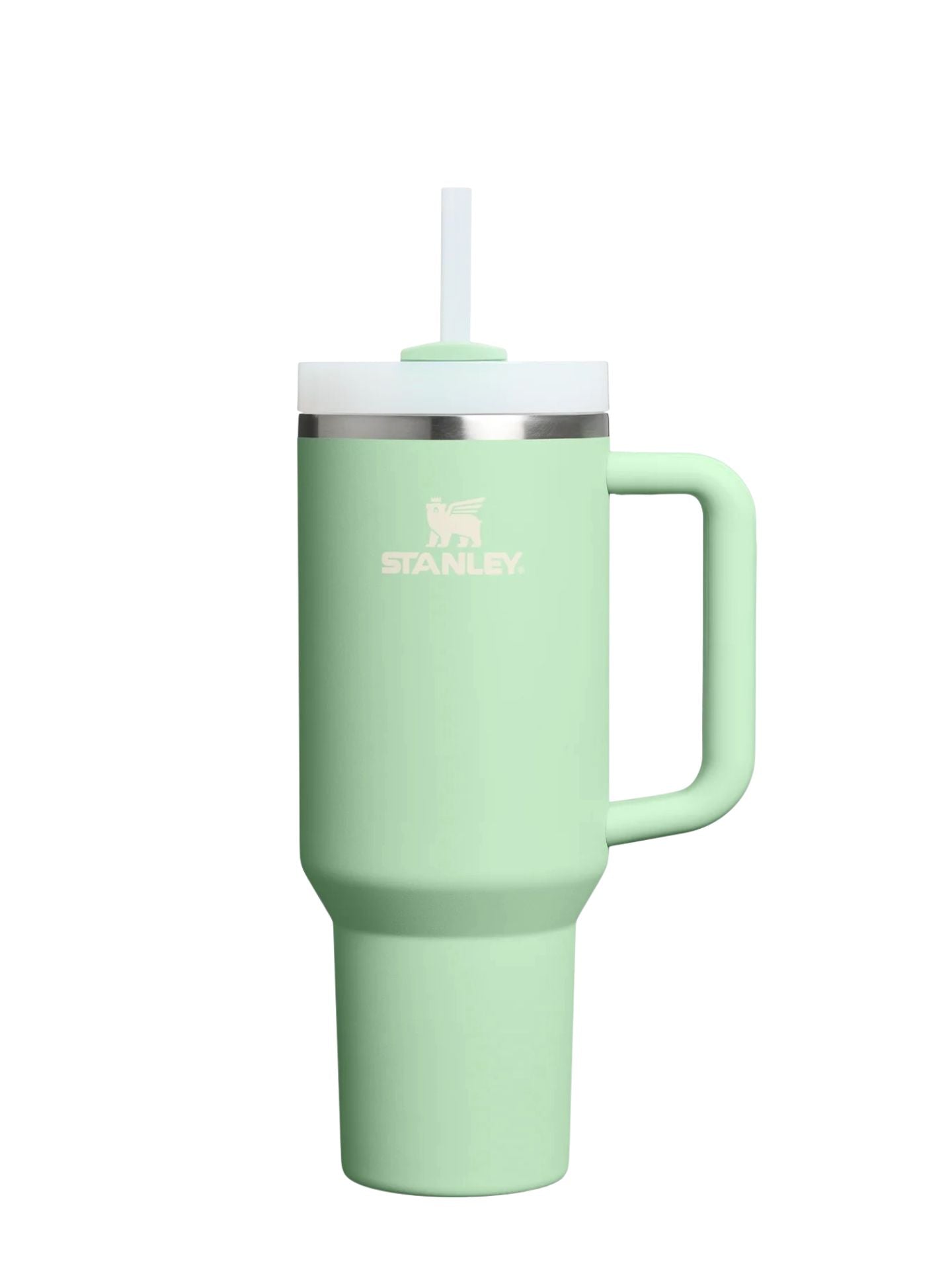 Mint green Stanley tumbler with handle on a white background
