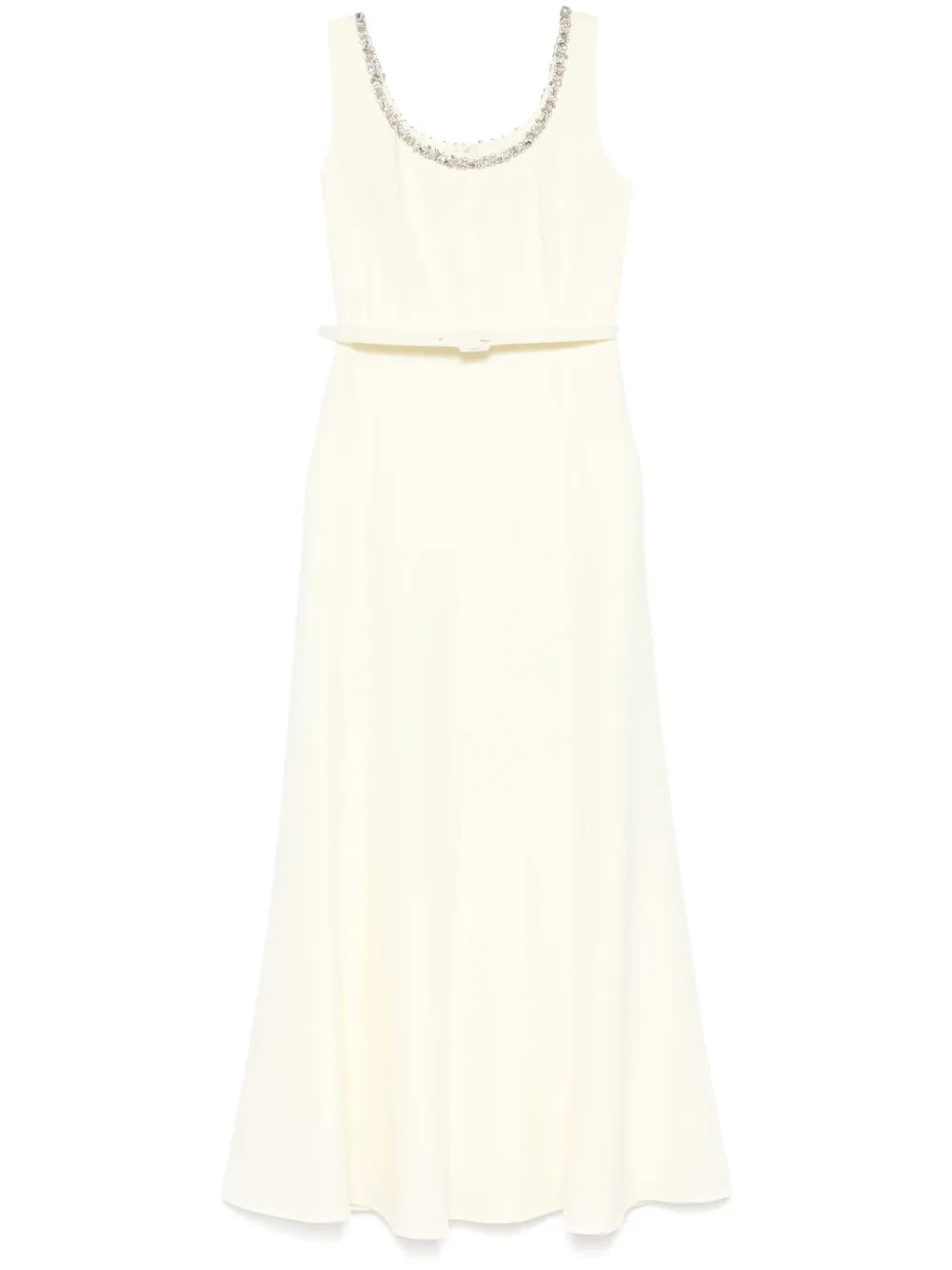 Light yellow dress with a pearl neckline on a white background