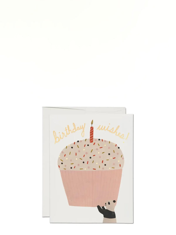 Greeting card with a cupcake design and 'Birthday wishes!' text on a white background