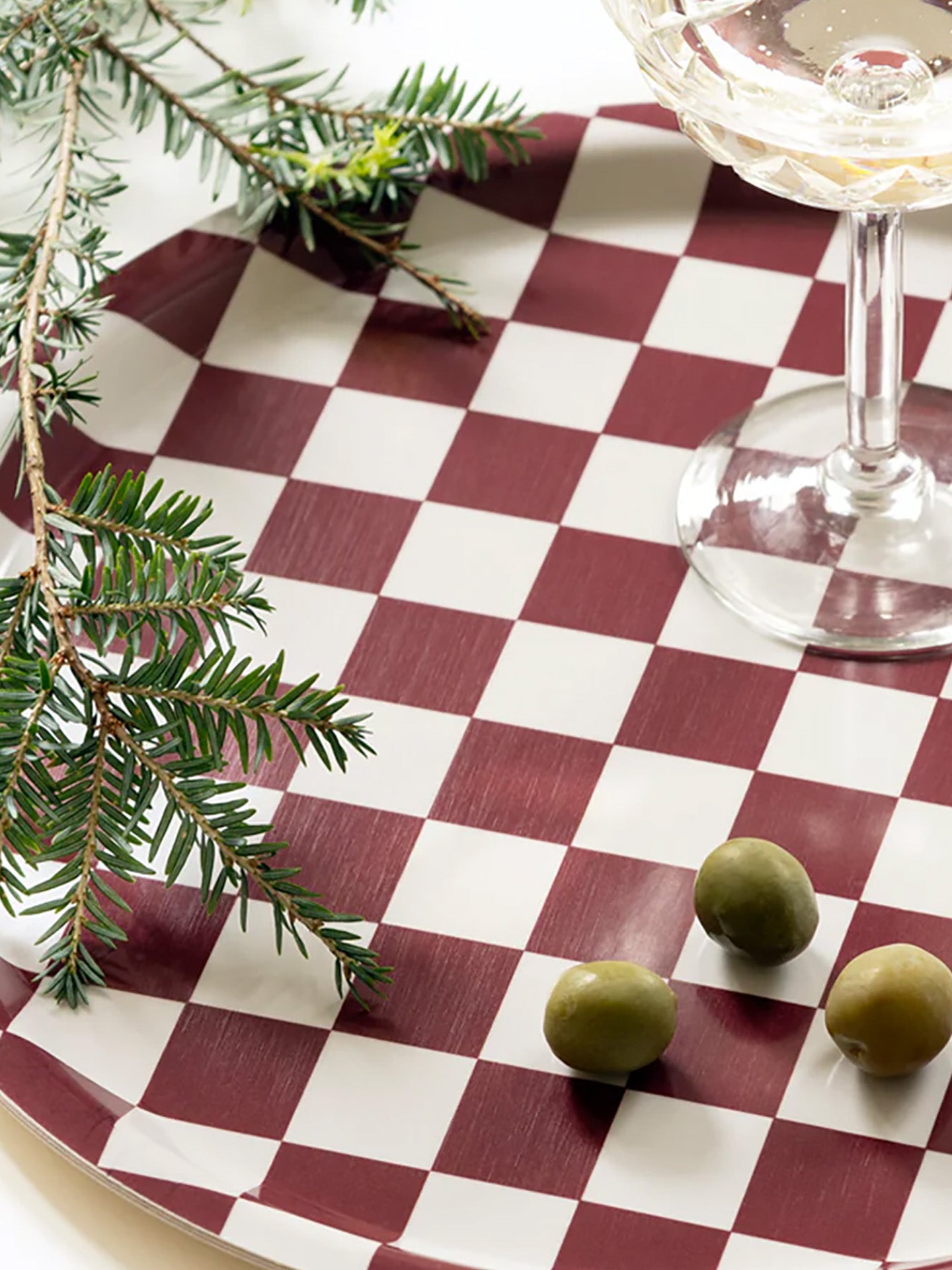 Burgundy / Cream CHECKER Round Serving Tray - 31 cm