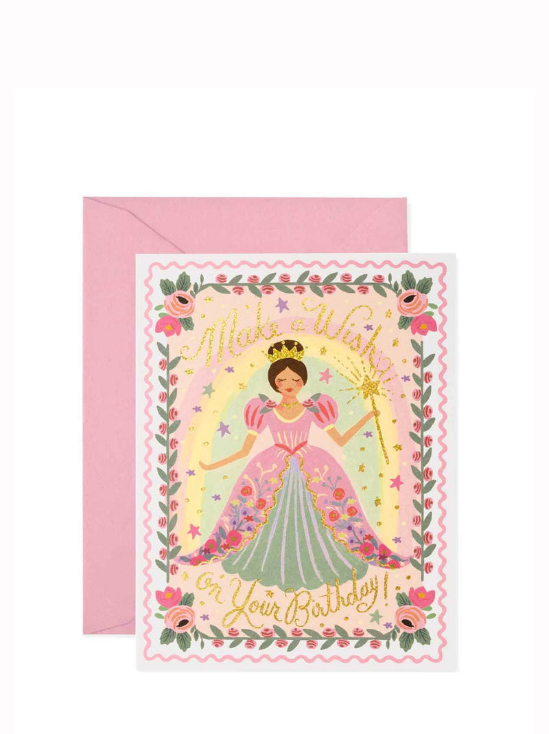 A pink birthday card featuring an illustration of a princess, with floral elements and a gold crown, indicating it's a princess-themed birthday card.
