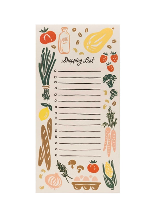 A shopping list notepad with a title and space for writing, decorated with colorful illustrations of food items like fruits and vegetables around the border.