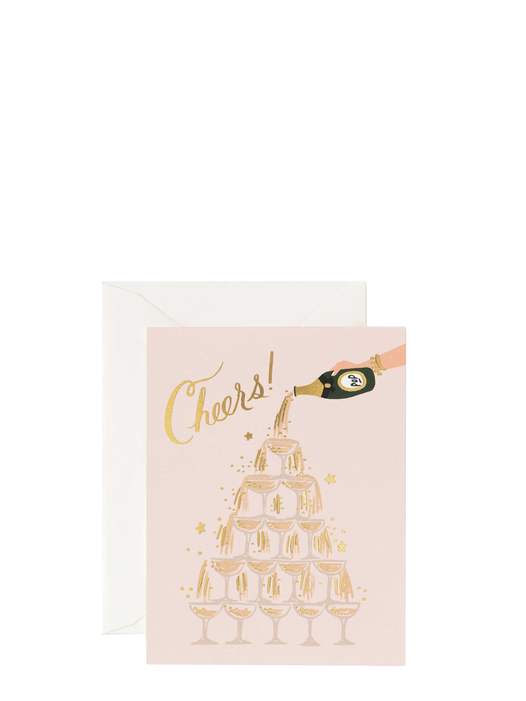 Greeting card with champagne tower illustration and 'Cheers!' text on a white background