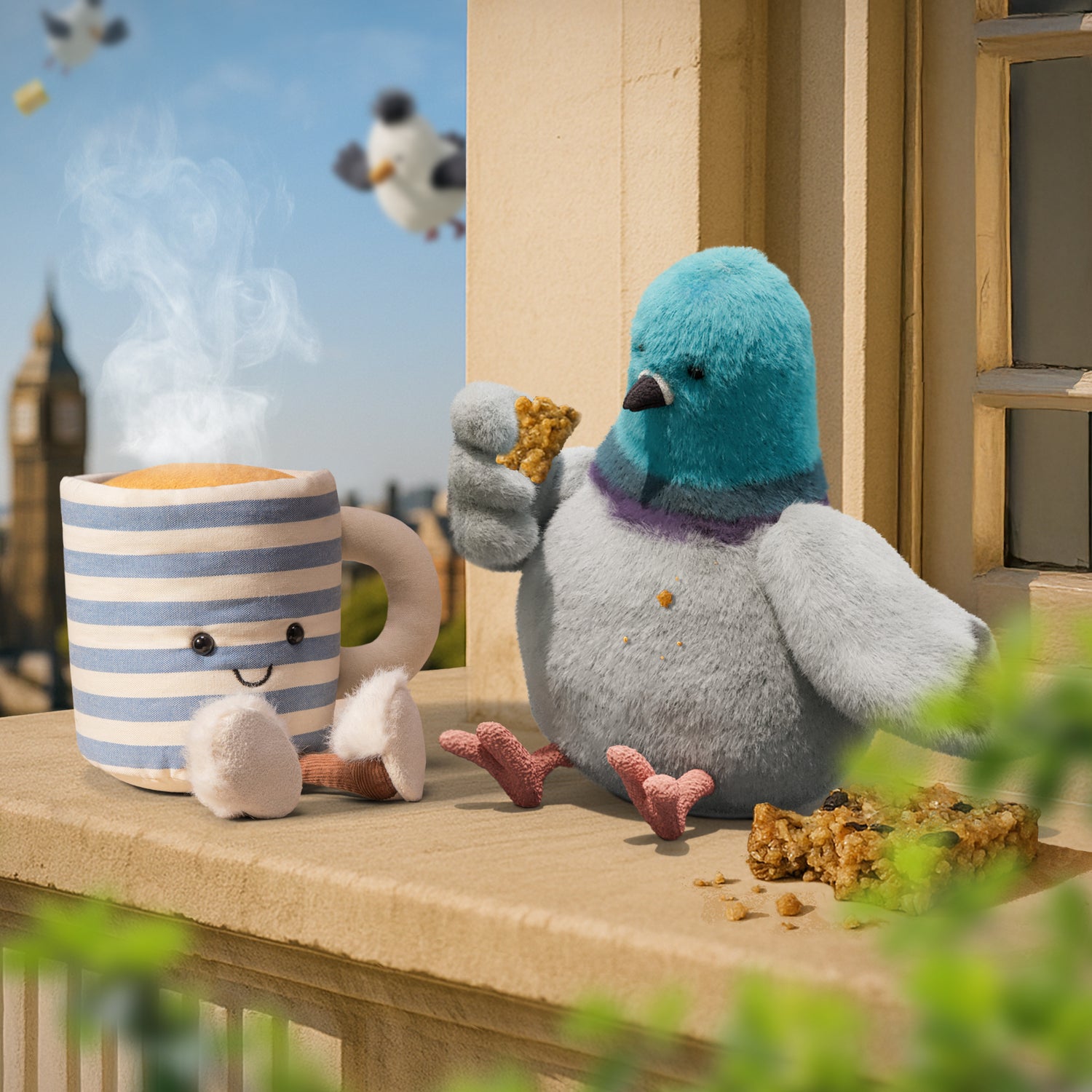Plush pigeon with a striped mug on a ledge with a cityscape background