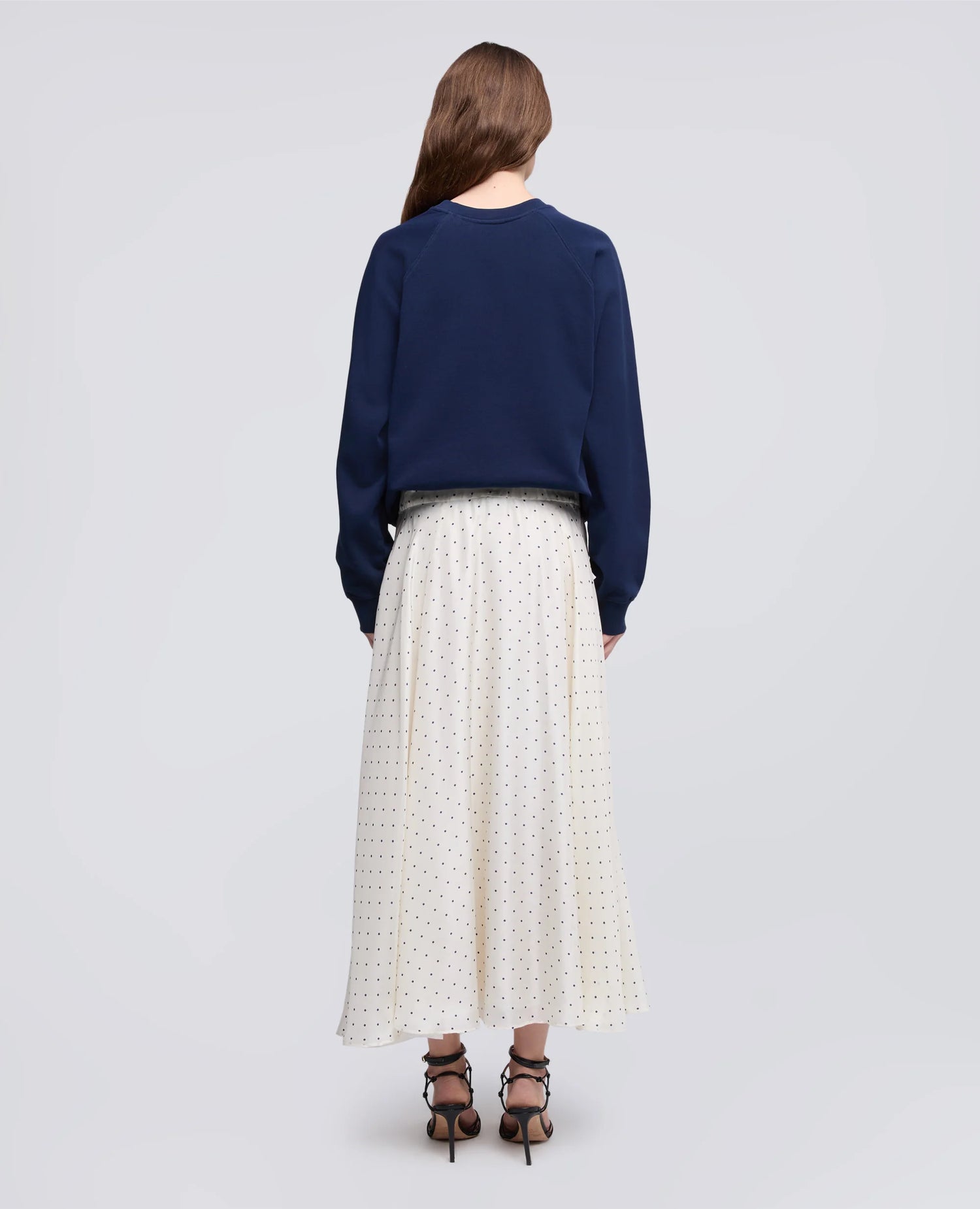 Silk habutai skirt printed with polka dots, ivory