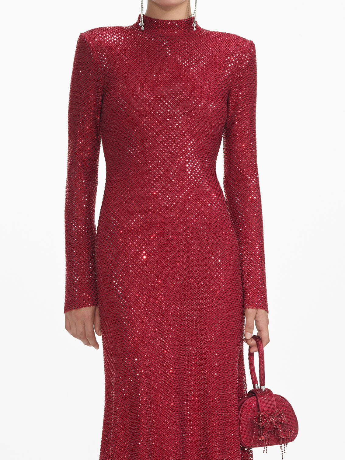 RHINESTONE FISHNET MIDI DRESS, red