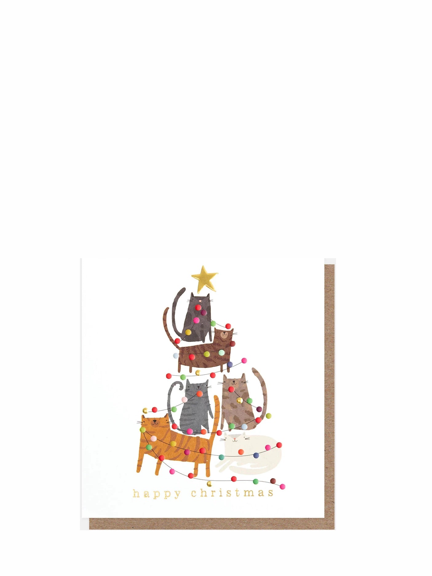 Happy Christmas Cat Tree With Gold Star & Colourful Lights Christmas card