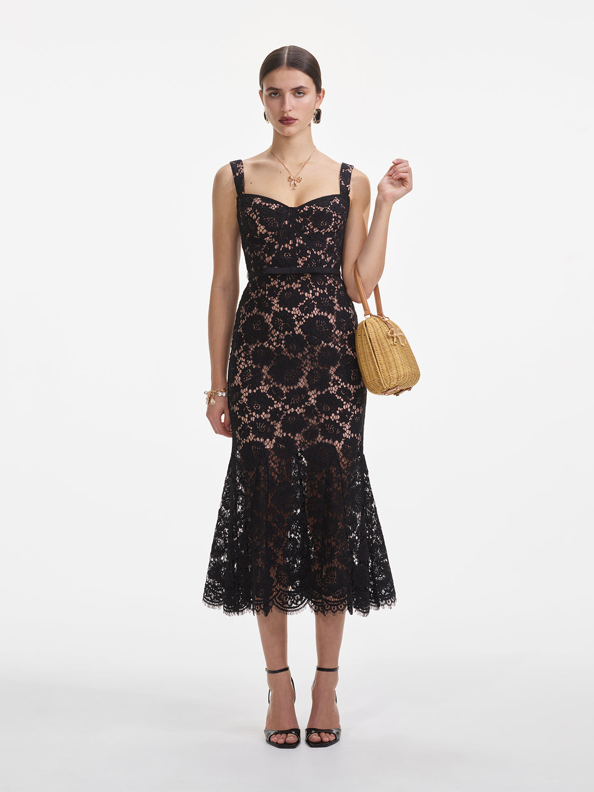 Fine lace midi dress, black