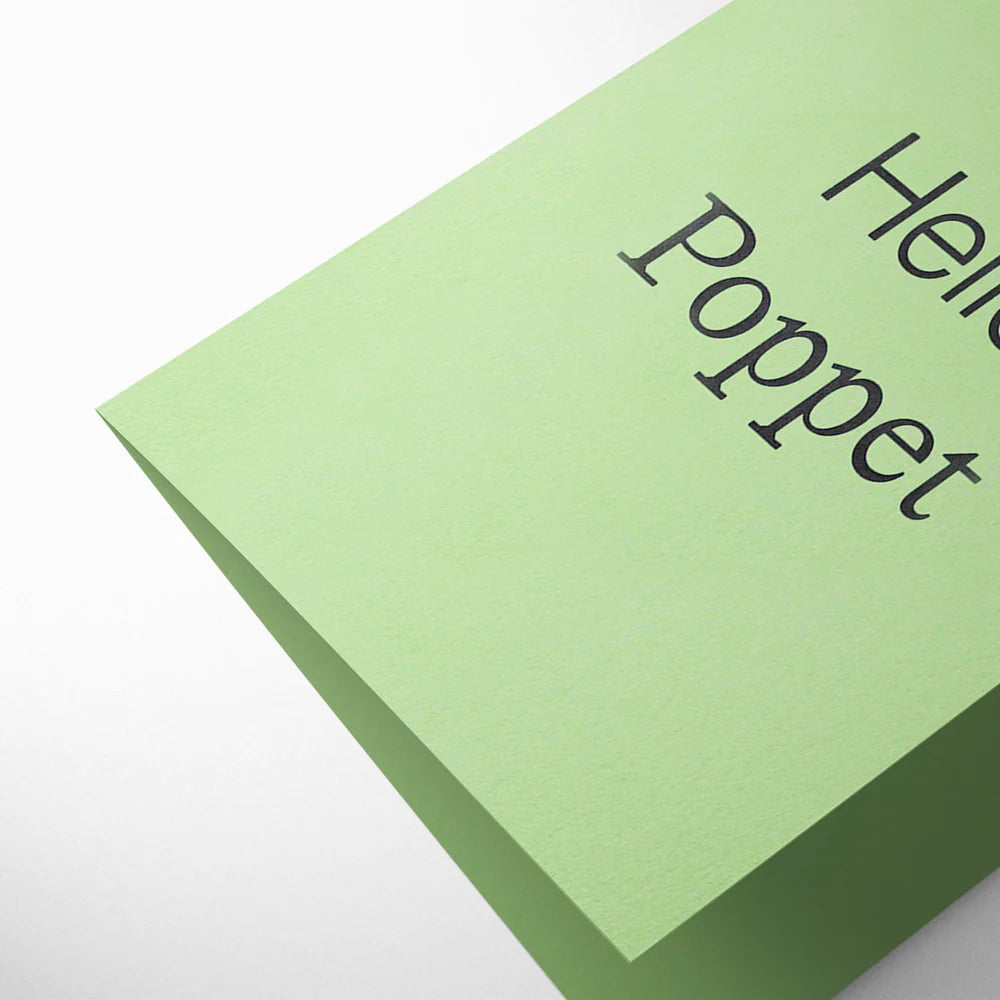 Green box with 'Hello Poppet' text on a white background