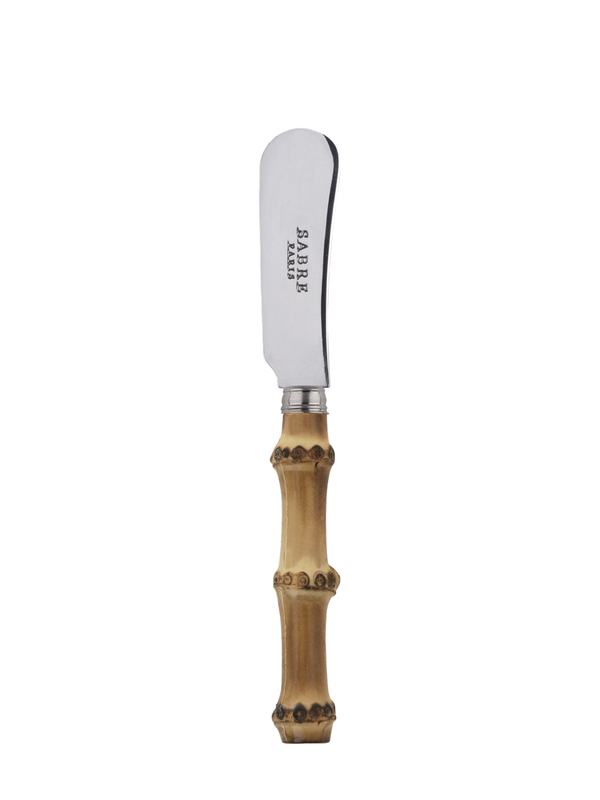 A stainless steel butter knife with a light bamboo handle, featuring the 'Sabre Paris' brand name on the blade.