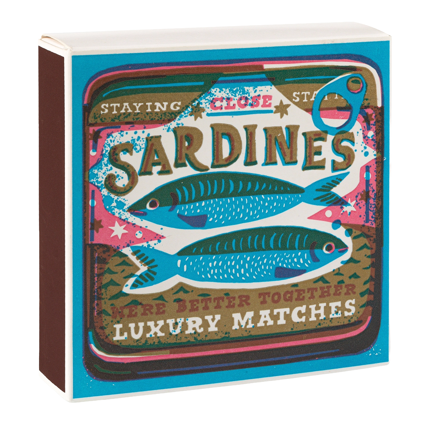 Matchbox with sardine design and text 'Staying Close Sardines Were Better Together Luxury Matches' on a white background