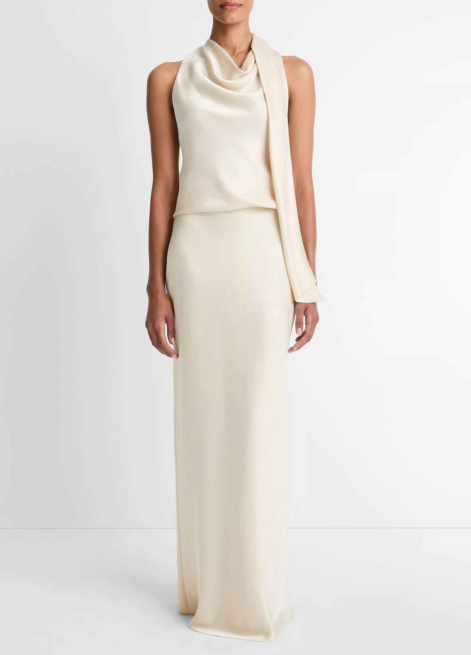 Fluid satin scarf top, cream