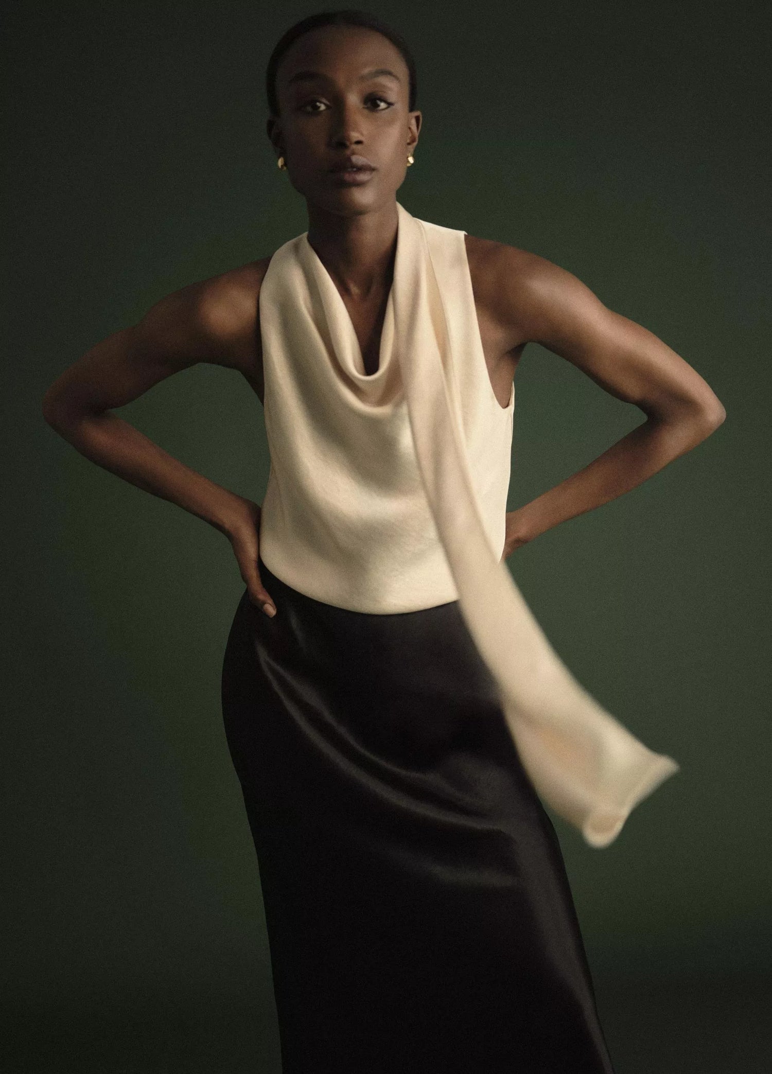 Fluid satin scarf top, cream