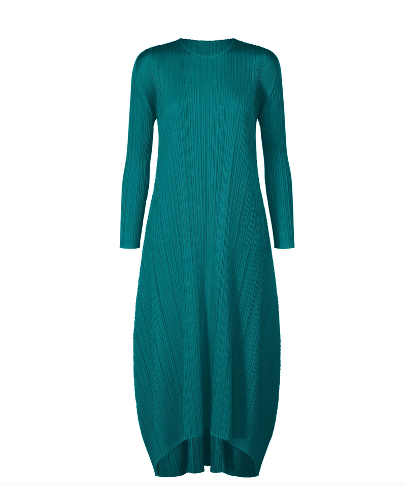 Long sleeved pleated balloon dress, turquoise green