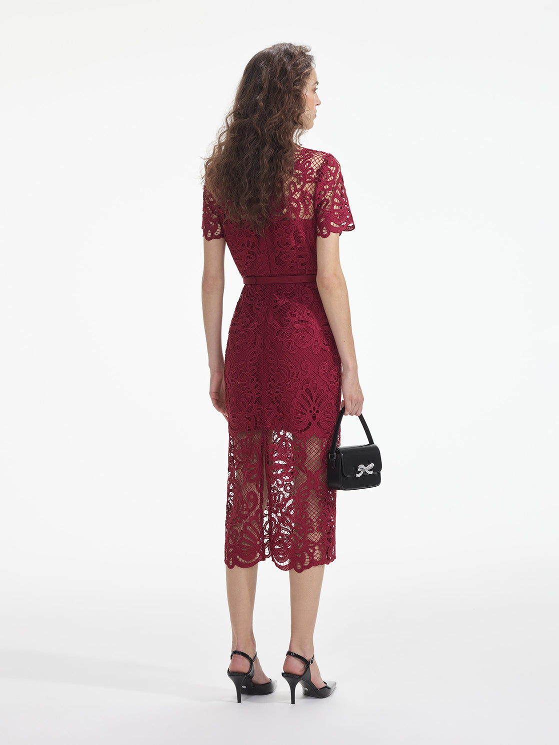 Guipure Lace Button Midi Dress, red