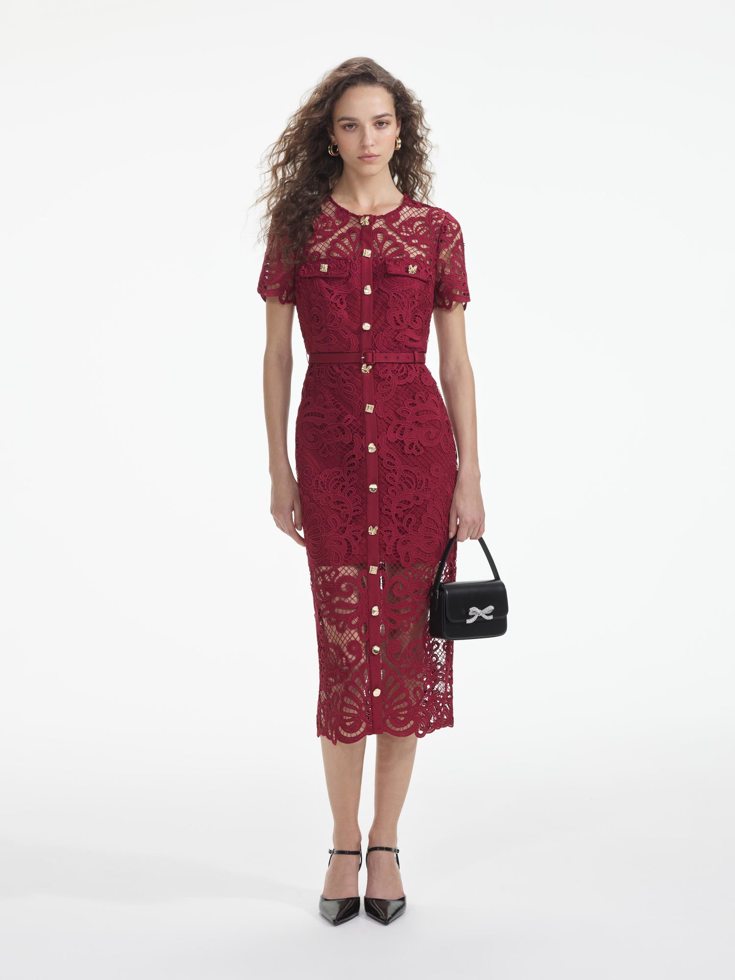 Guipure Lace Button Midi Dress, red