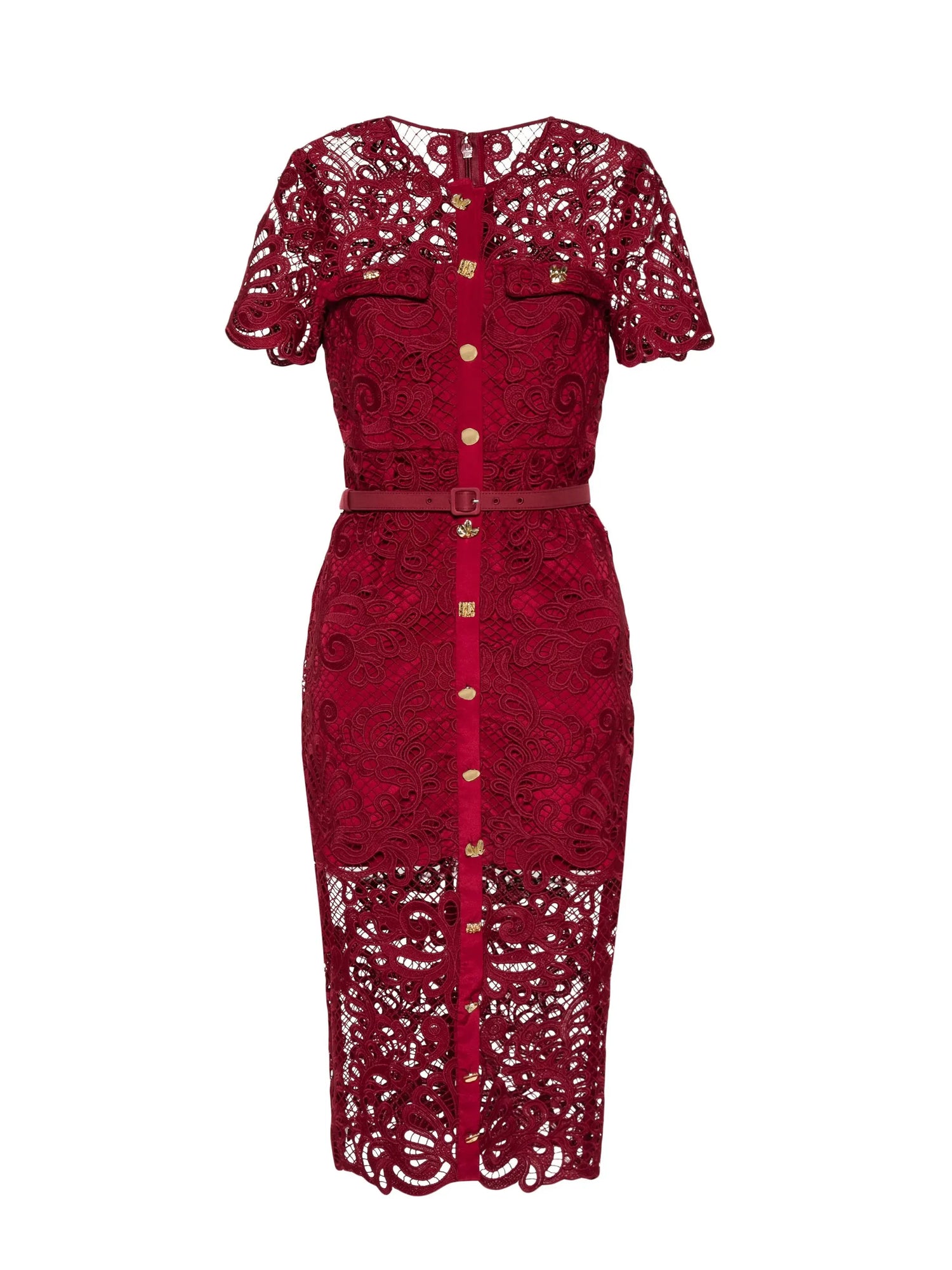 Guipure Lace Button Midi Dress, red