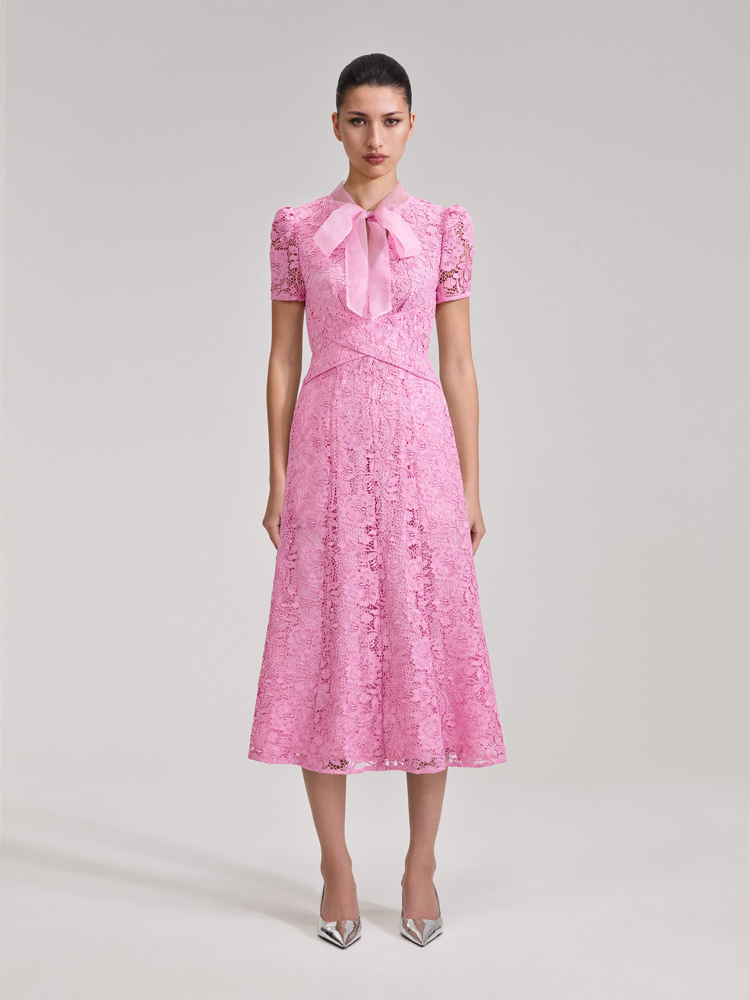 PINK CORD LACE CROSSOVER MIDI DRESS, pink