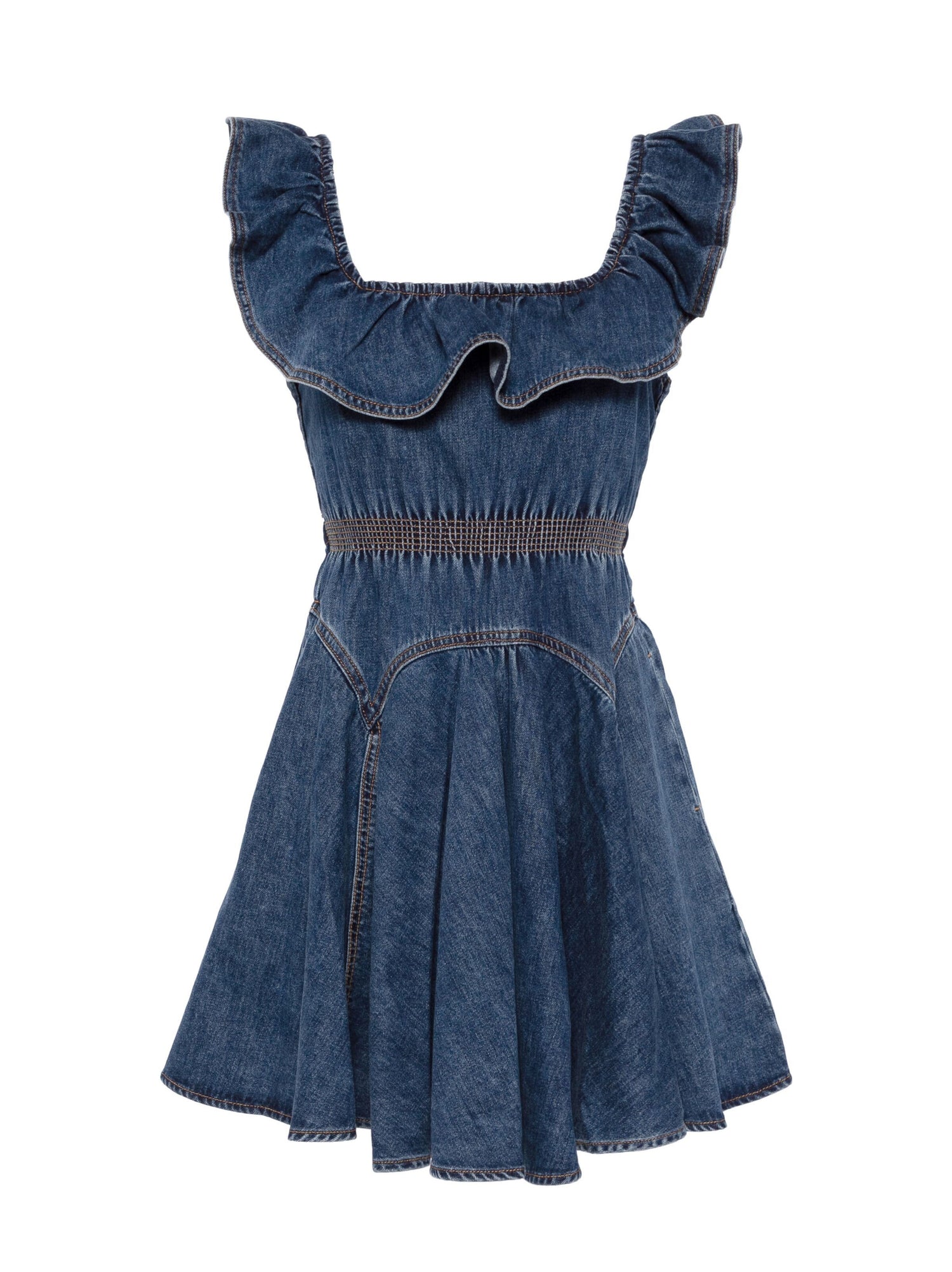 Denim ruffle mini dress, blue