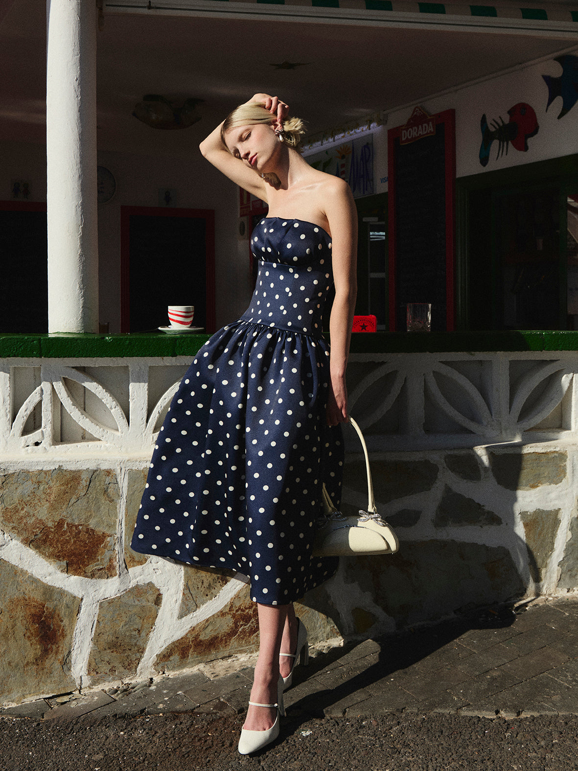 Polka dot satin midi dress, navy