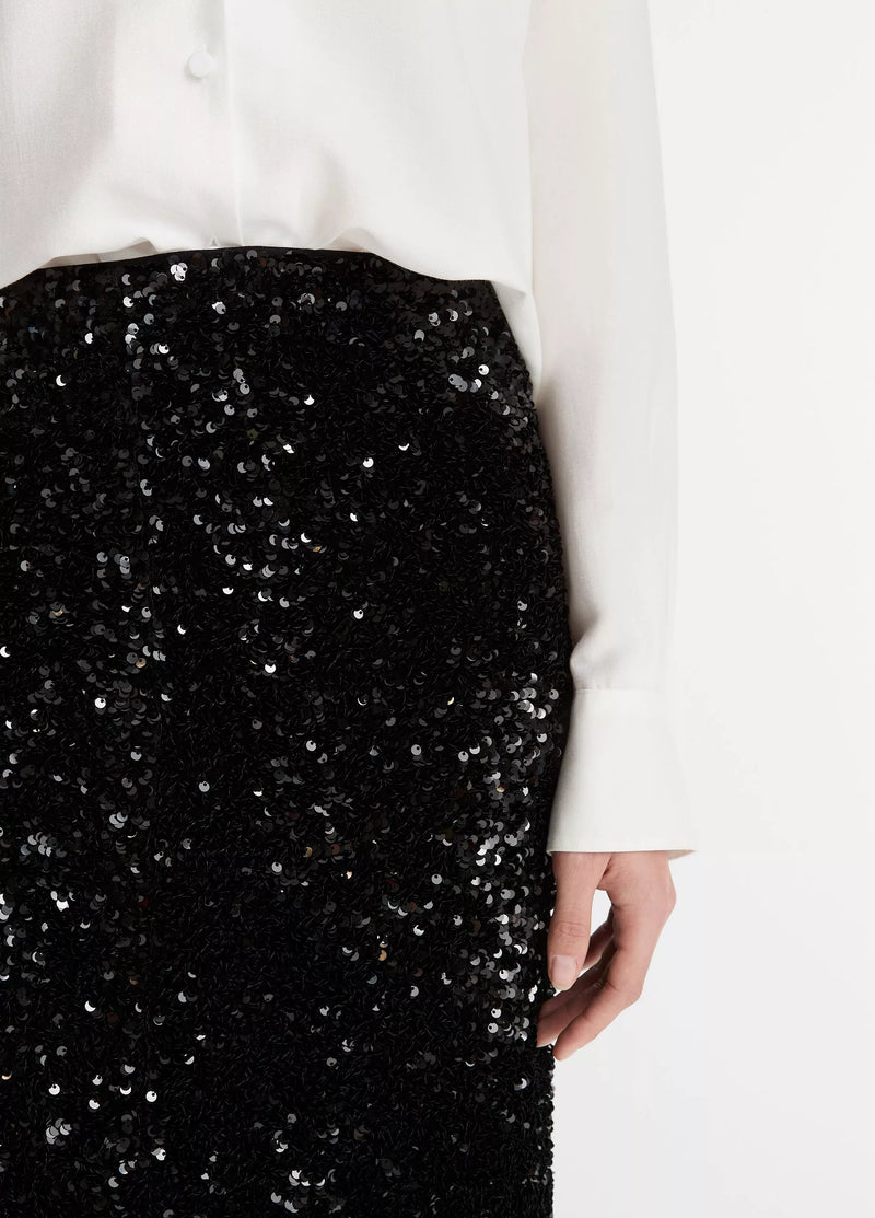 Sequins on velvet column maxi skirt, black