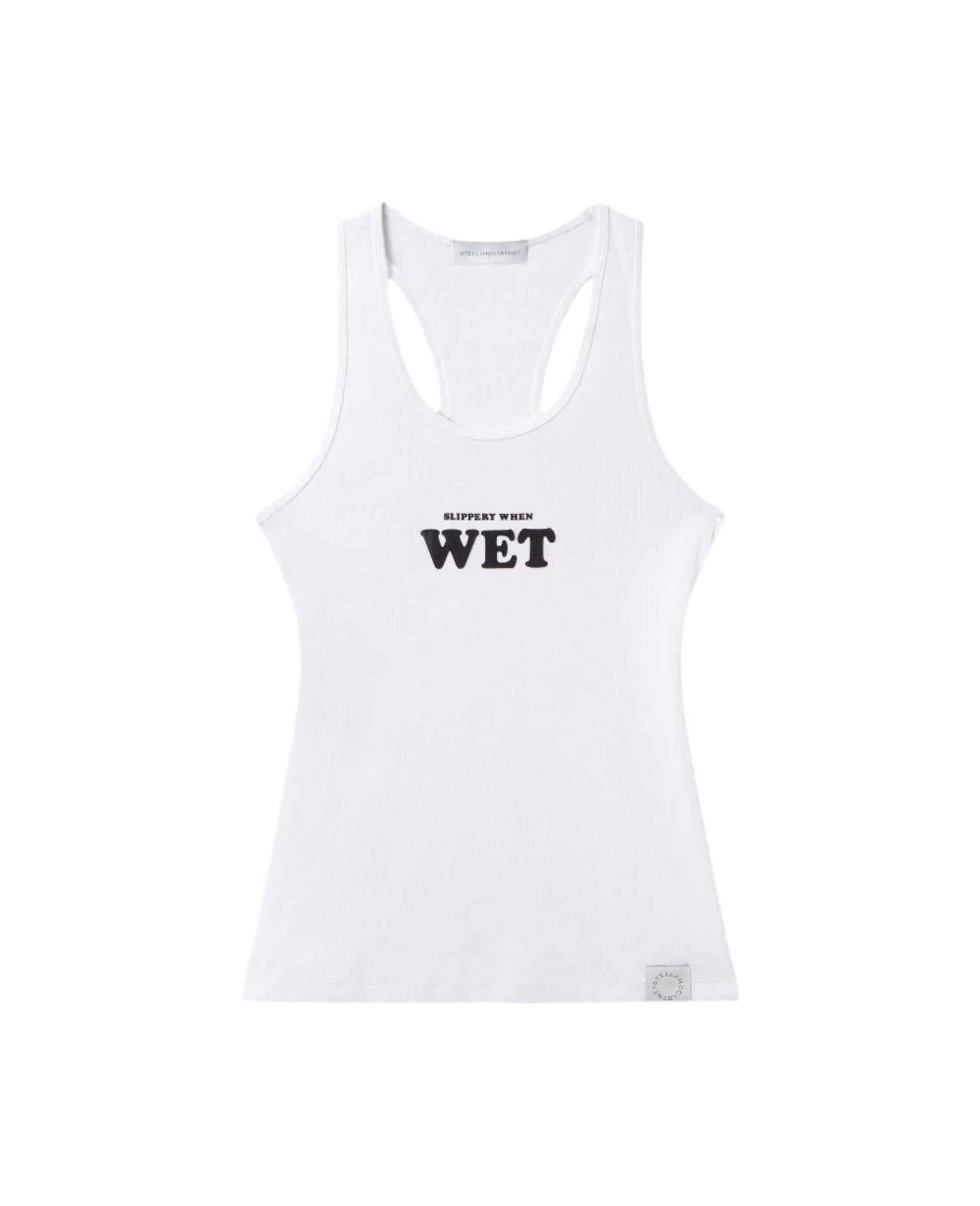 White tank top with black text on a light gray background