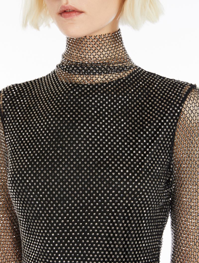 VALDAI strass mesh long-sleeve top, black