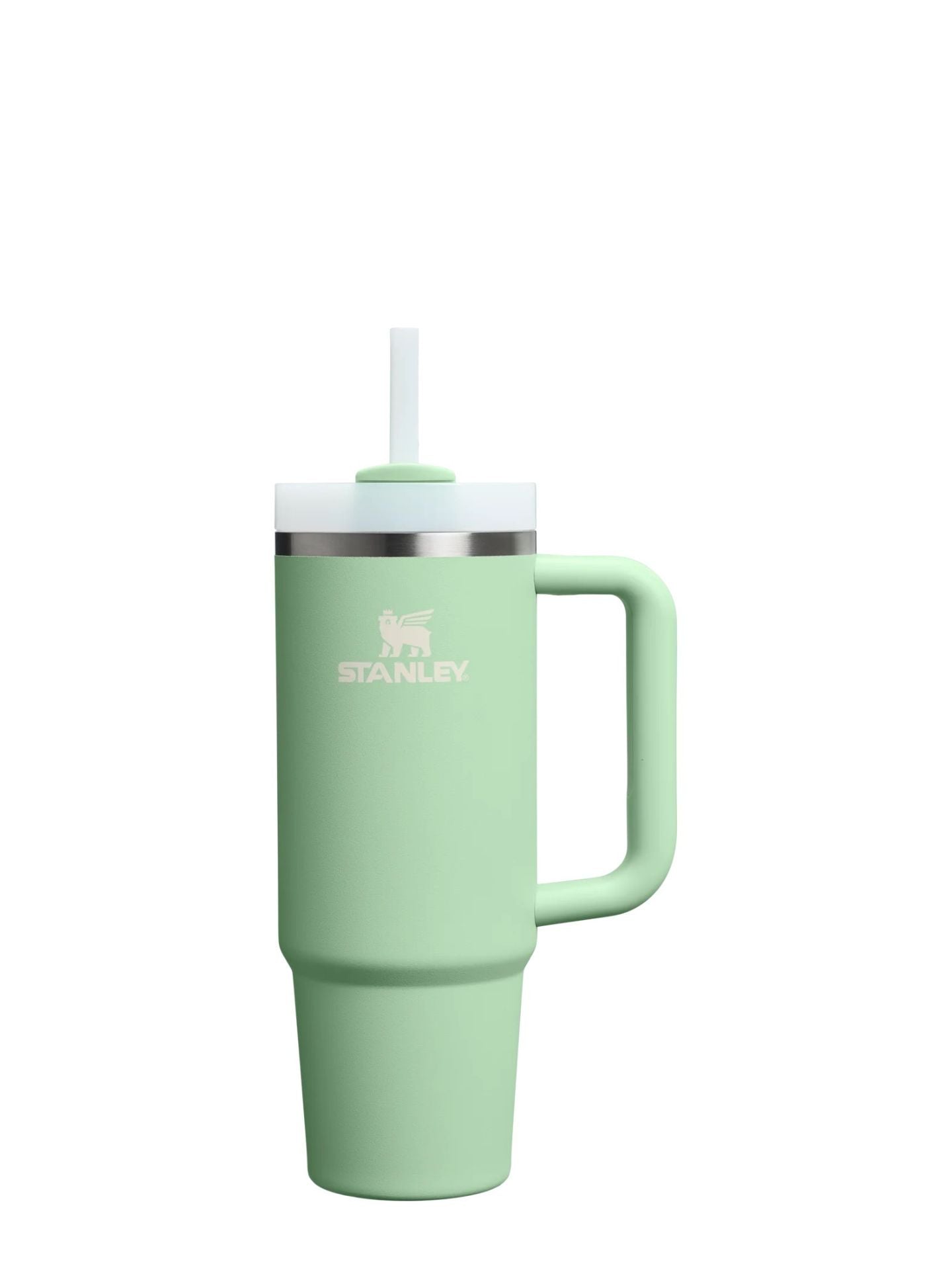 Mint green Stanley tumbler with handle on a white background