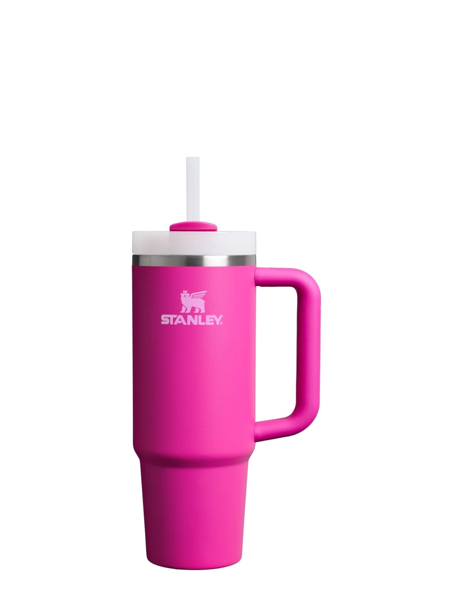Pink Stanley mug with a straw on a white background
