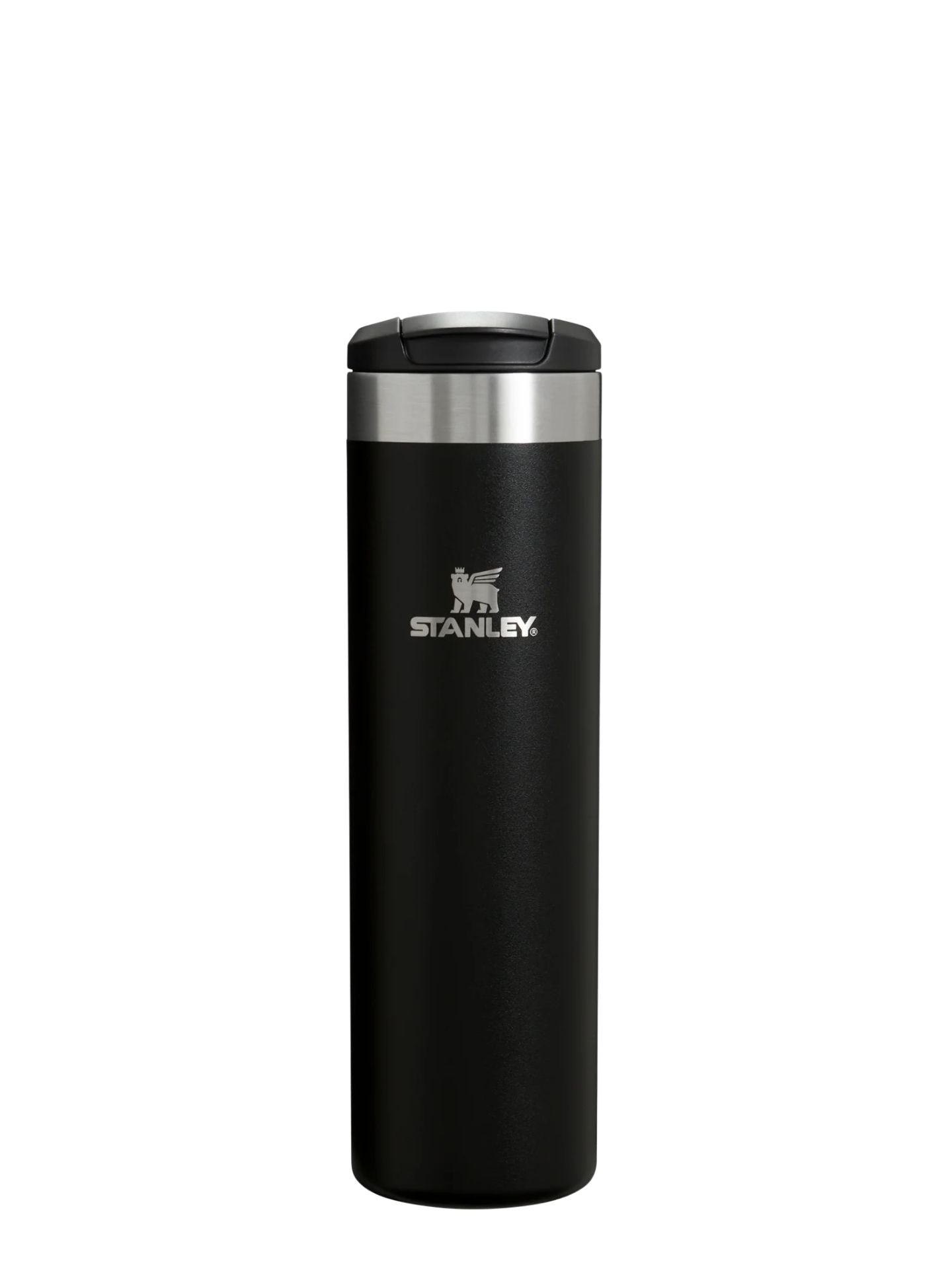 Black Stanley thermos on a white background