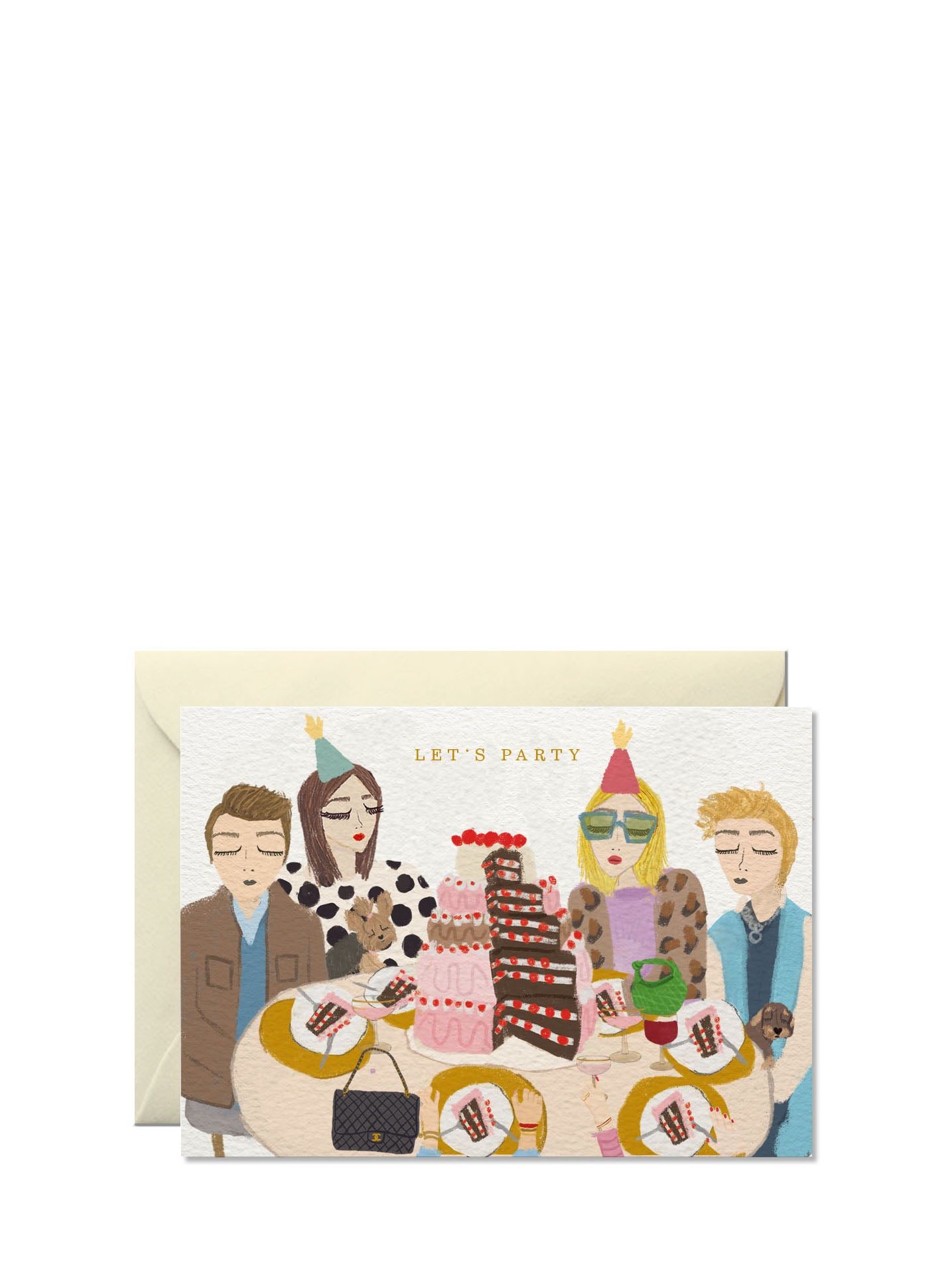 Greeting card with illustration of people at a party and envelope on a white background