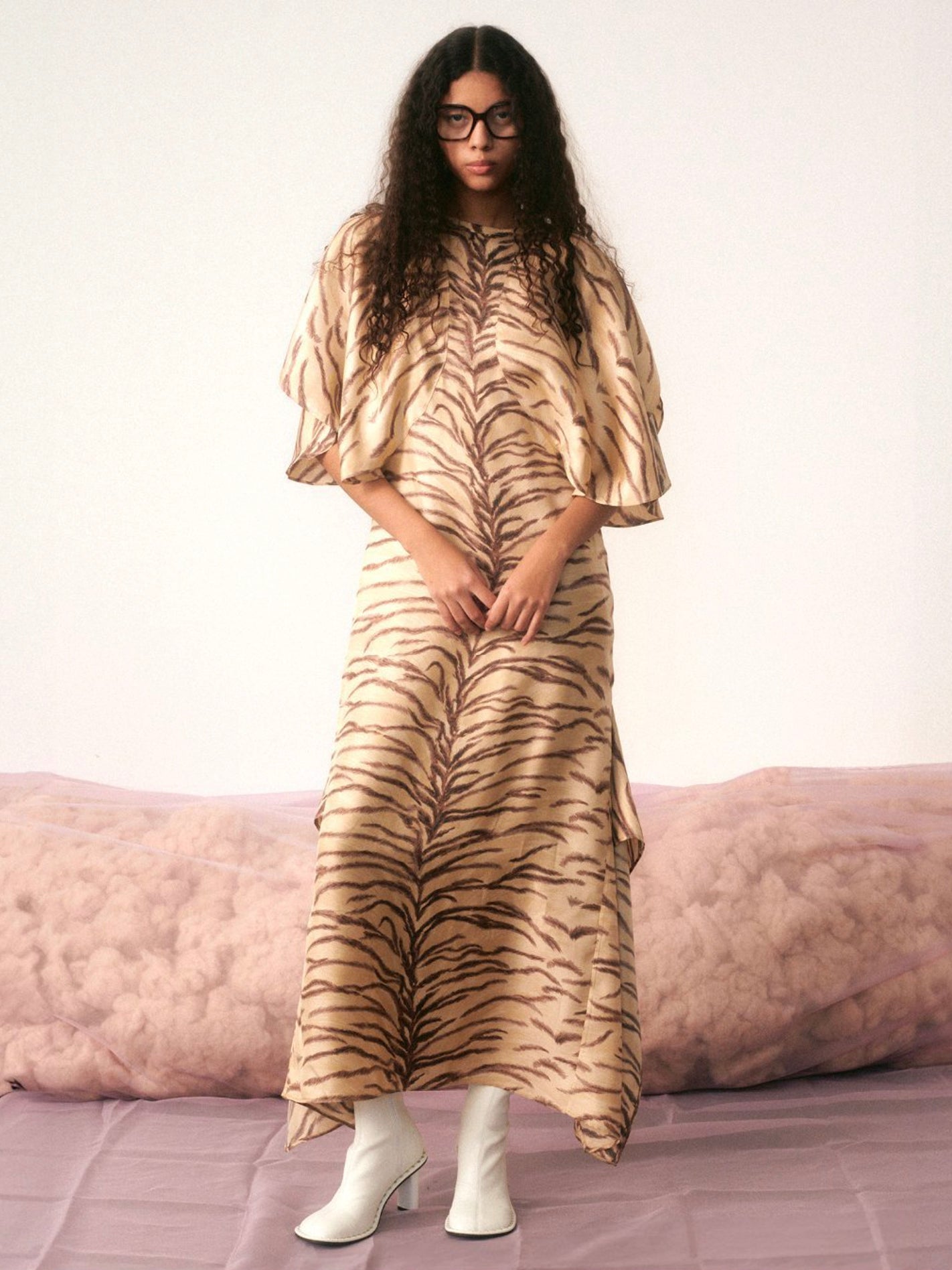 Tiger print round sleeve maxi dress, natural