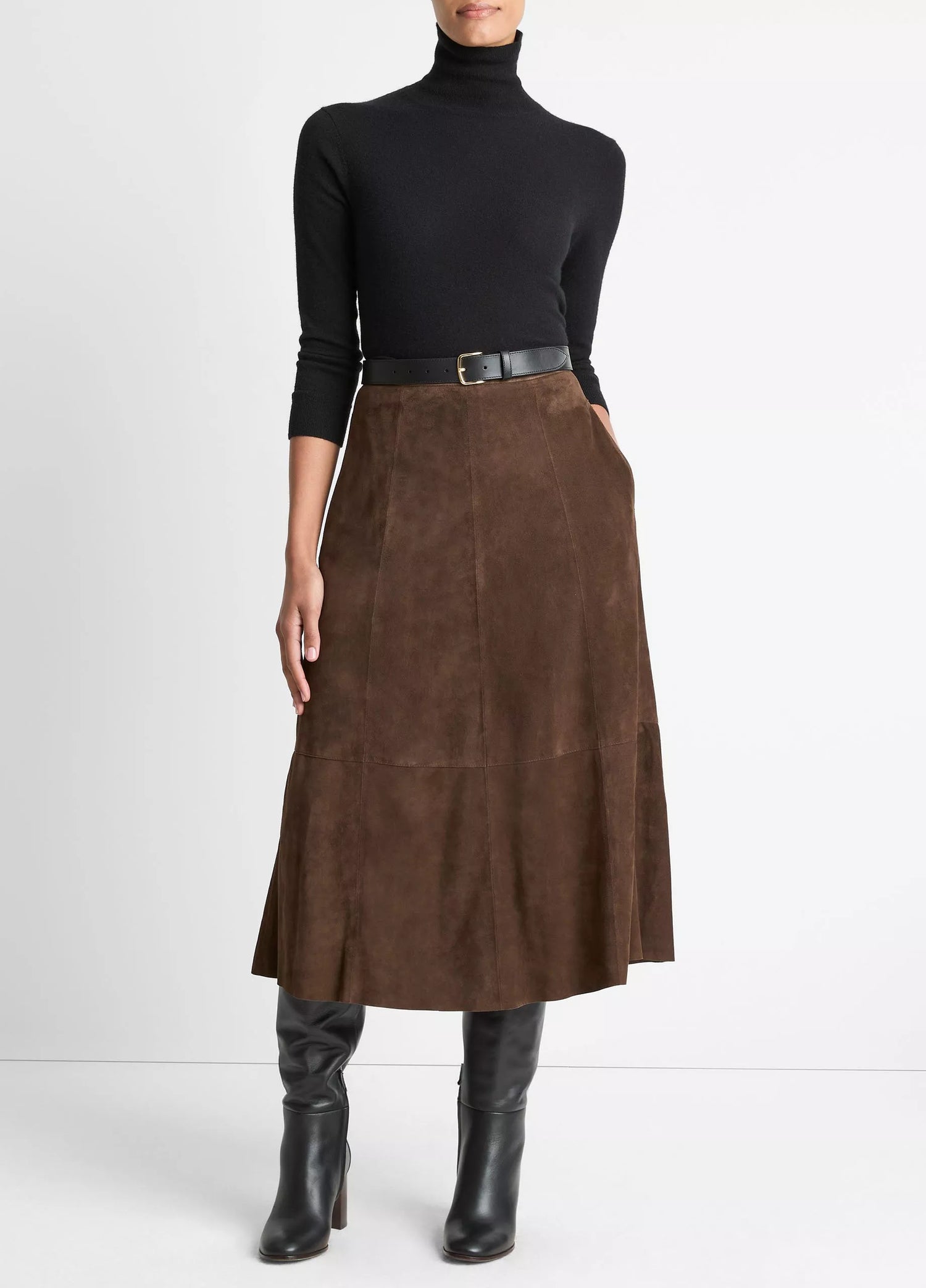 Suede Mid-Rise Flared Skirt, Brown