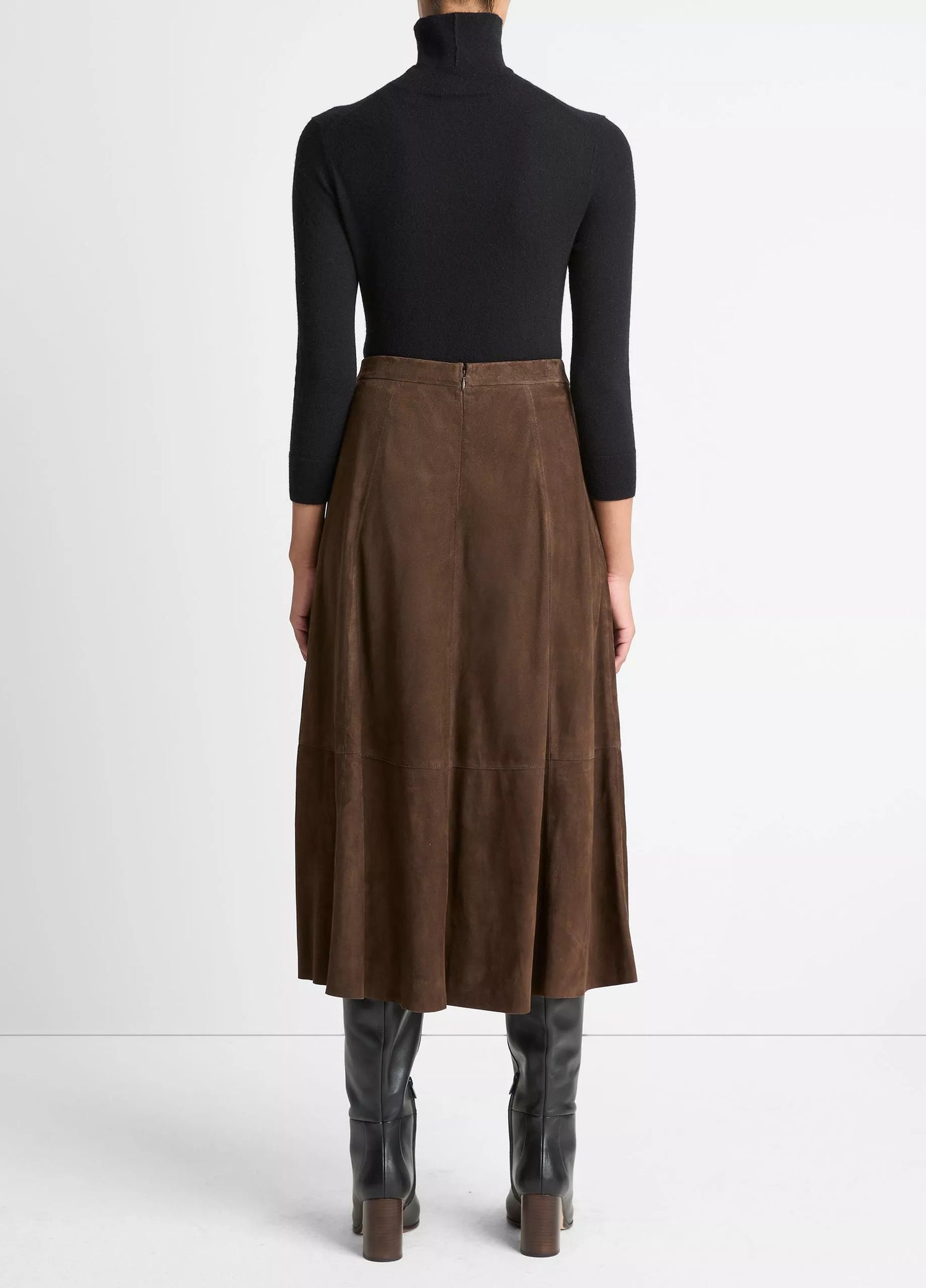Suede Mid-Rise Flared Skirt, Brown