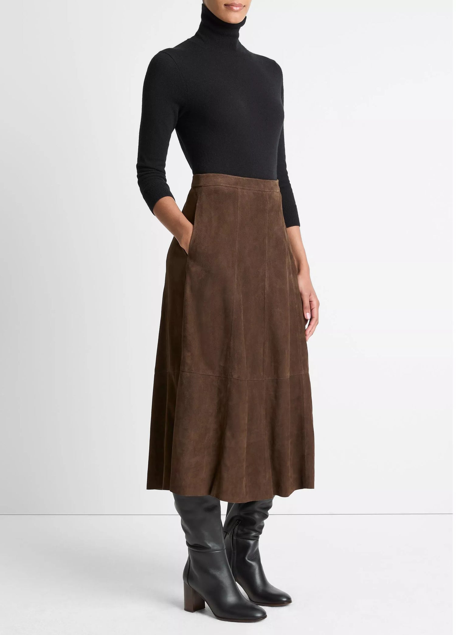Suede Mid-Rise Flared Skirt, Brown