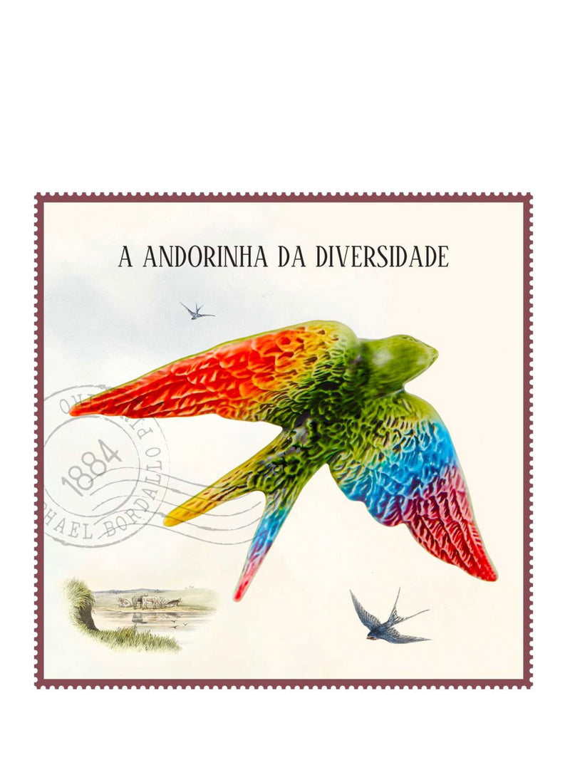 Colorful bird illustration with text 'A Andorinha da Diversidade' on a white background
