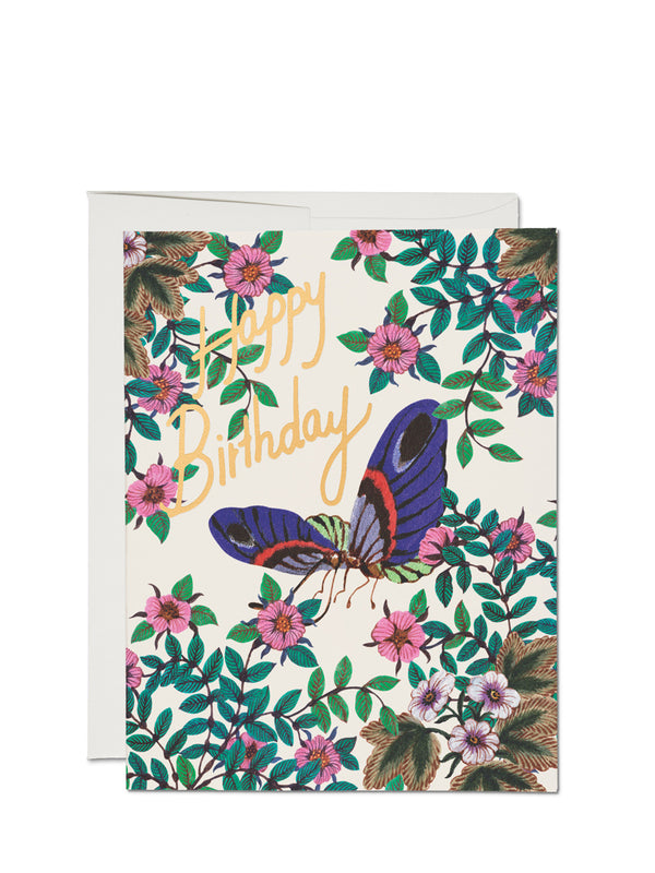 A birthday card with a floral pattern and a butterfly, featuring the text 'Happy Birthday'.