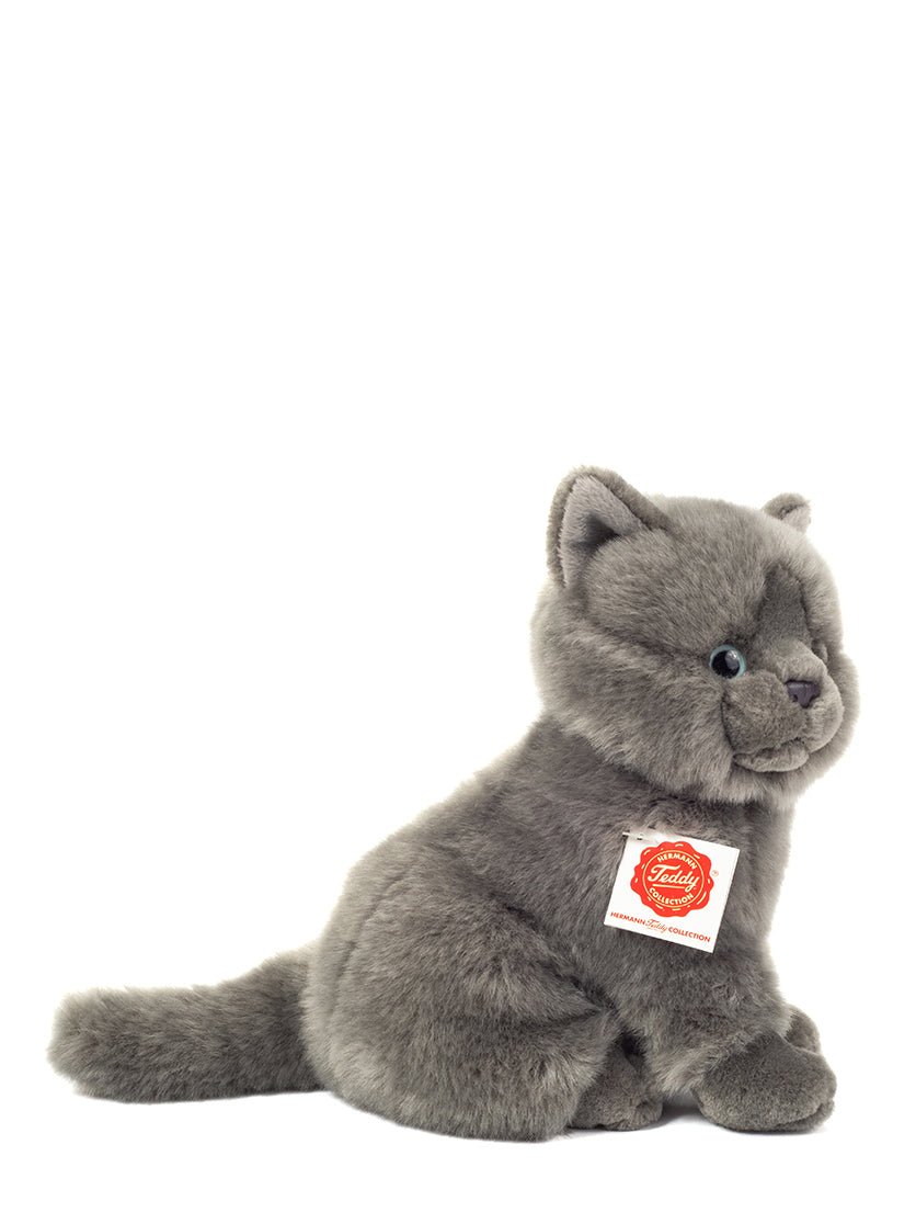 A plush toy depicting a sitting Carthusian cat with grey fur and a white collar