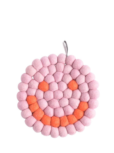 Smiley round wool trivet, raspberry