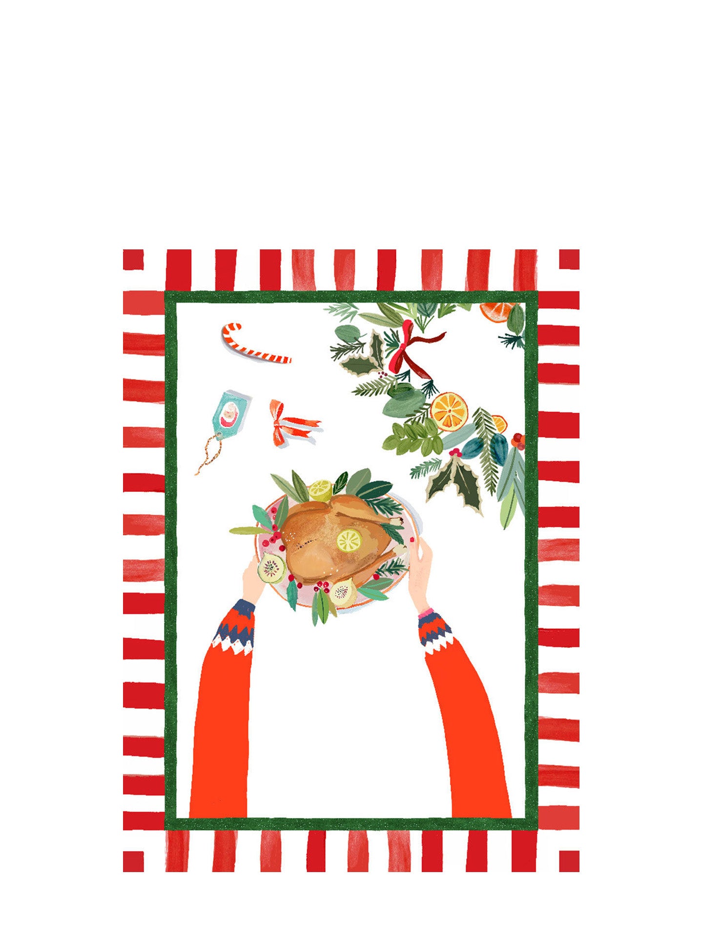 Hand on xmas kitchen towel, tacchino
